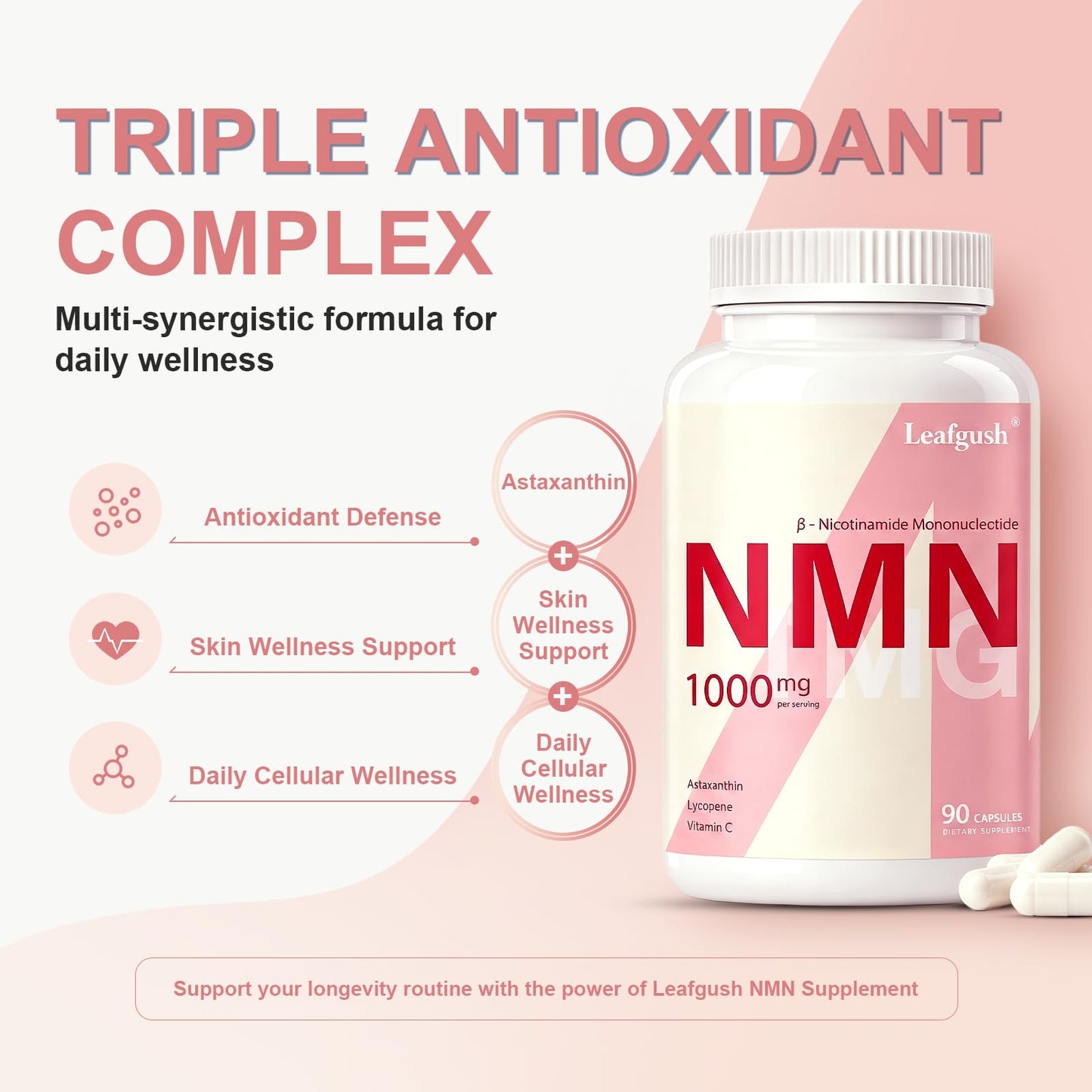 Leafgush NMN Supplement 1000mg Complex NAD+ Precursor Capsule 90 Count