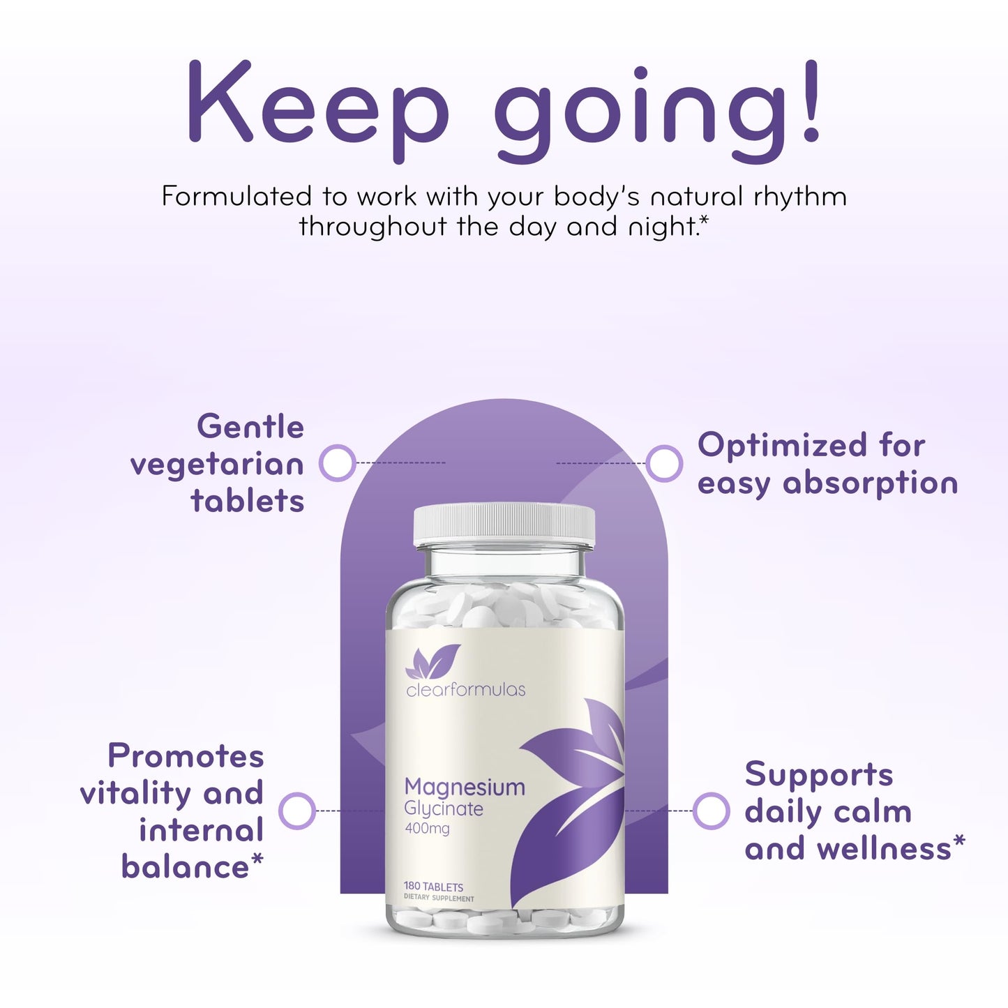 Clear Formulas Magnesium Glycinate 400mg Tablets, High Absorption, 180 Tablets