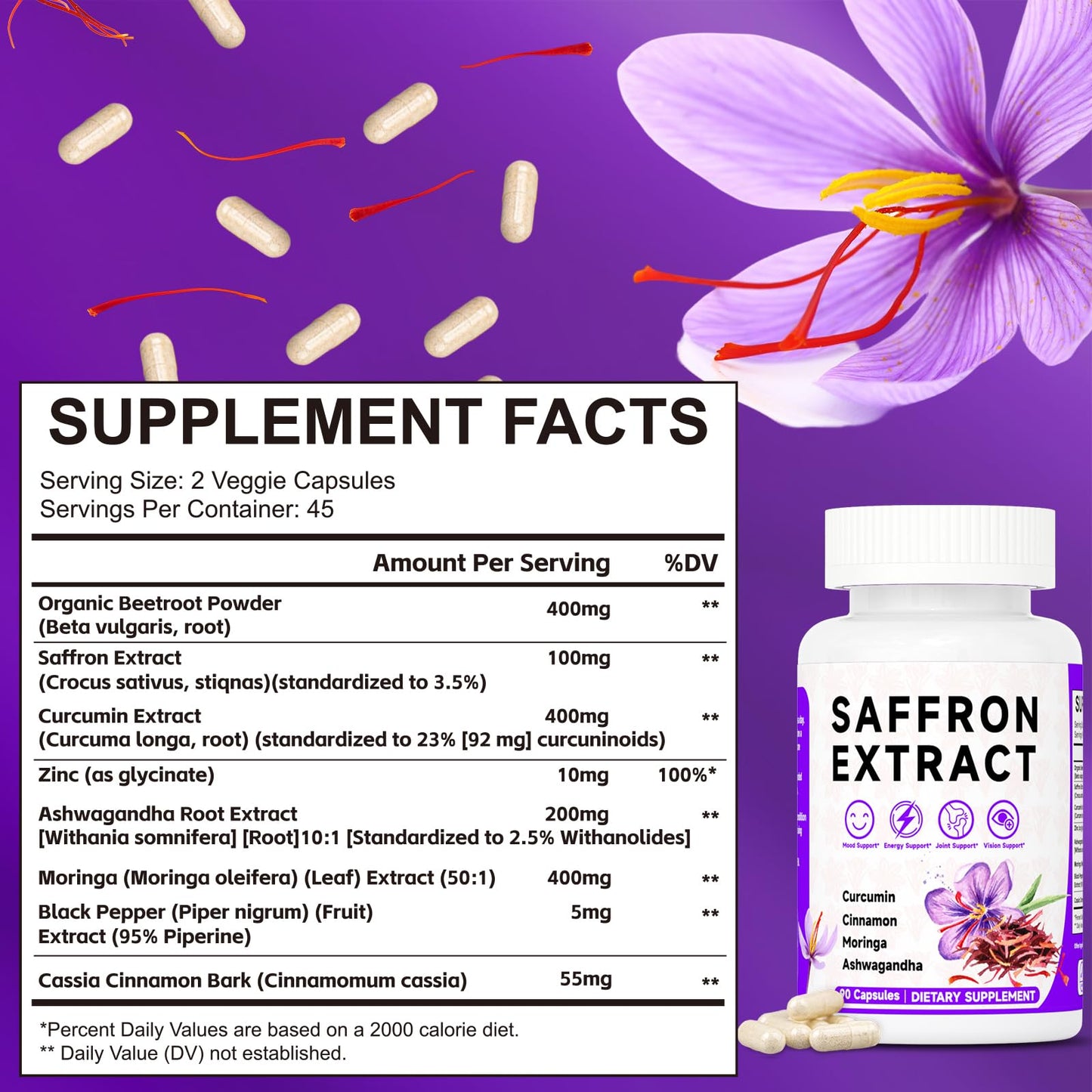Mosslly Happy Saffron Supplements 100mg Saffron Extract, Saffron Blend with Turmeric & Ashwagandha Supports Mood, Focus, and Energy Boost, 90 Capsules