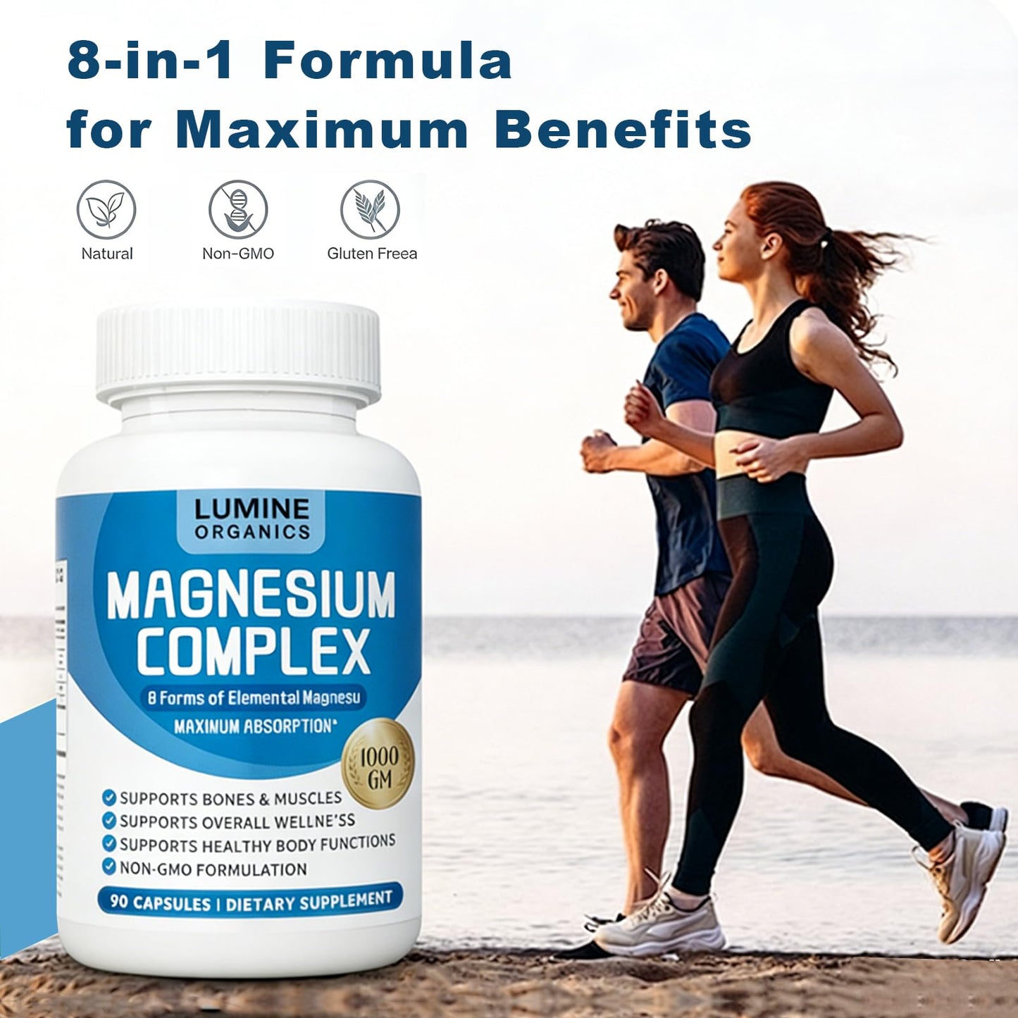 Lumine Organics Magnesium Complex Supplement 1000mg, Advanced 8-in-1 Magnesium Blend, Non-GMO, Capsule, 1 Count