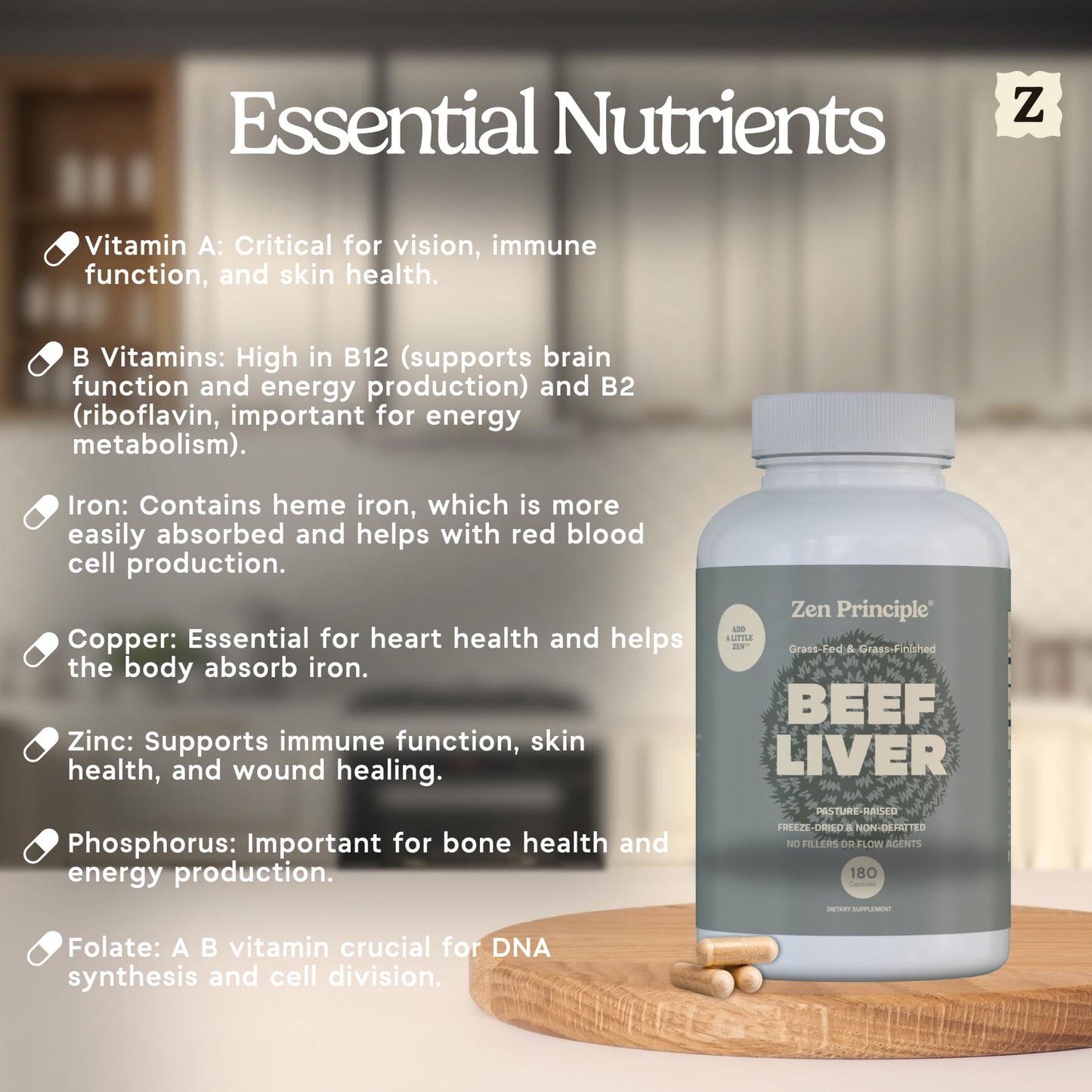 Zen Principle Ultra-Pure Desiccated Beef Liver, Grass-Fed & Finished New Zealand 360 Capsules