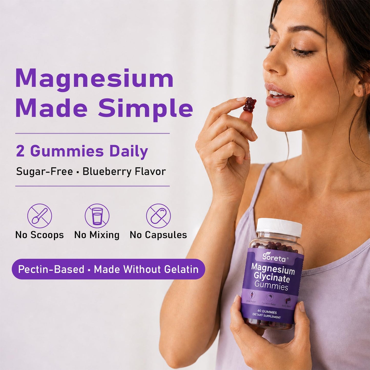 Goreta Magnesium Glycinate Gummies 600mg Complex, Sugar-Free, Sleep Support, 60 Gummies
