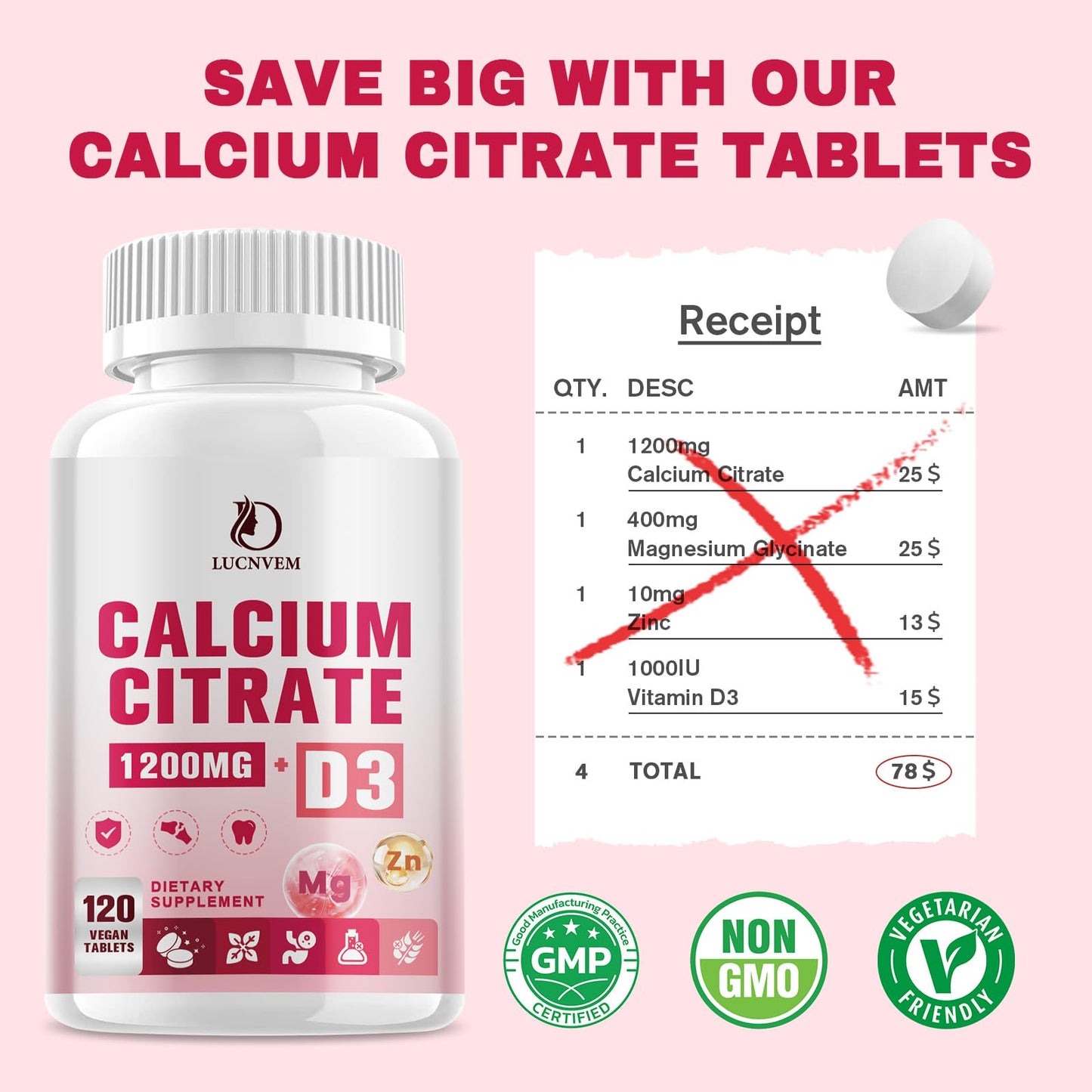 LUCNVEM Calcium Citrate 1200 mg with Vitamin D3 Tablet, 120 Count
