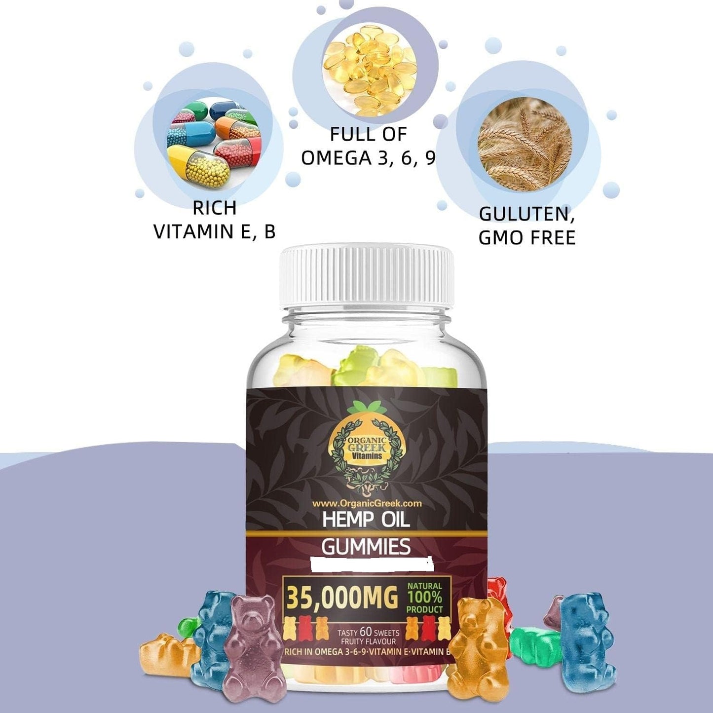 Organic Greek Premium High Potency Hemp Gummy Bears and Natural Vitamins Softgel 60 Count