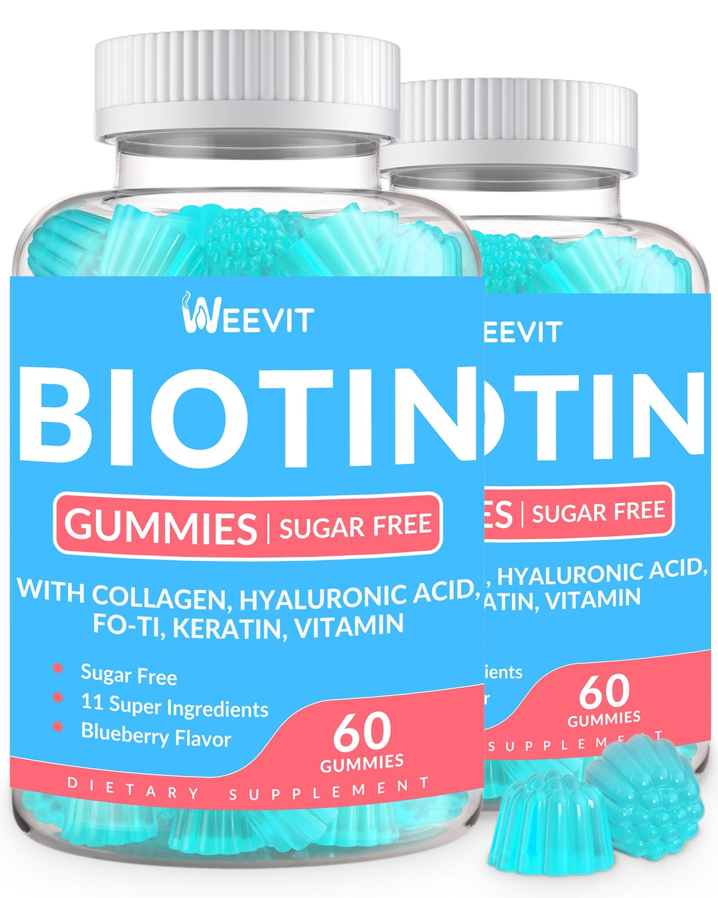 WEEVIT Biotin Gummies Sugar-Free with Collagen, Keratin & Hyaluronic Acid for Hair, Skin & Nails, Vitamin B7 Supplement, Non-GMO, 120 Gummies