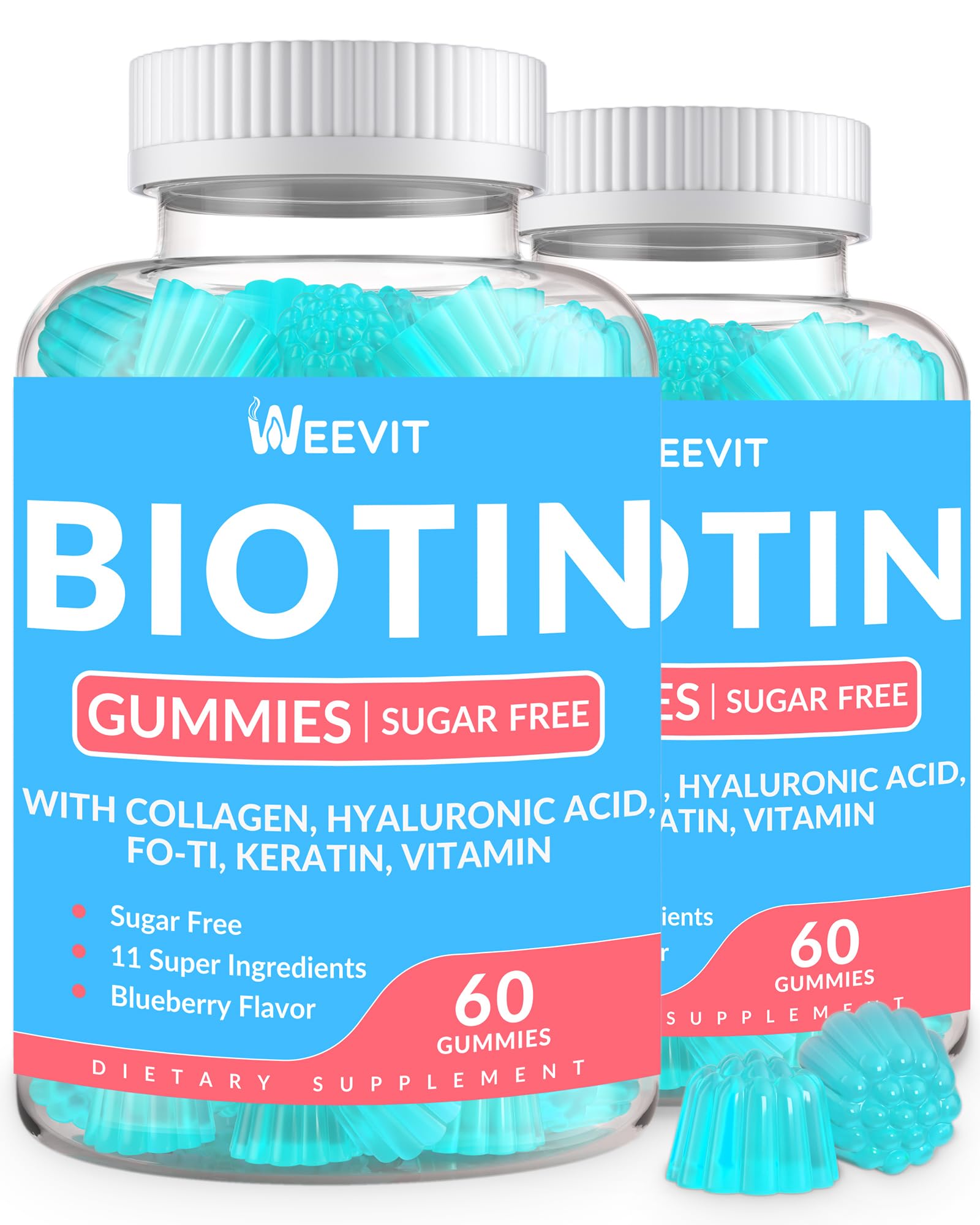 WEEVIT Biotin Gummies Sugar-Free with Collagen, Keratin & Hyaluronic Acid for Hair, Skin & Nails, Vitamin B7 Supplement, Non-GMO, 120 Gummies