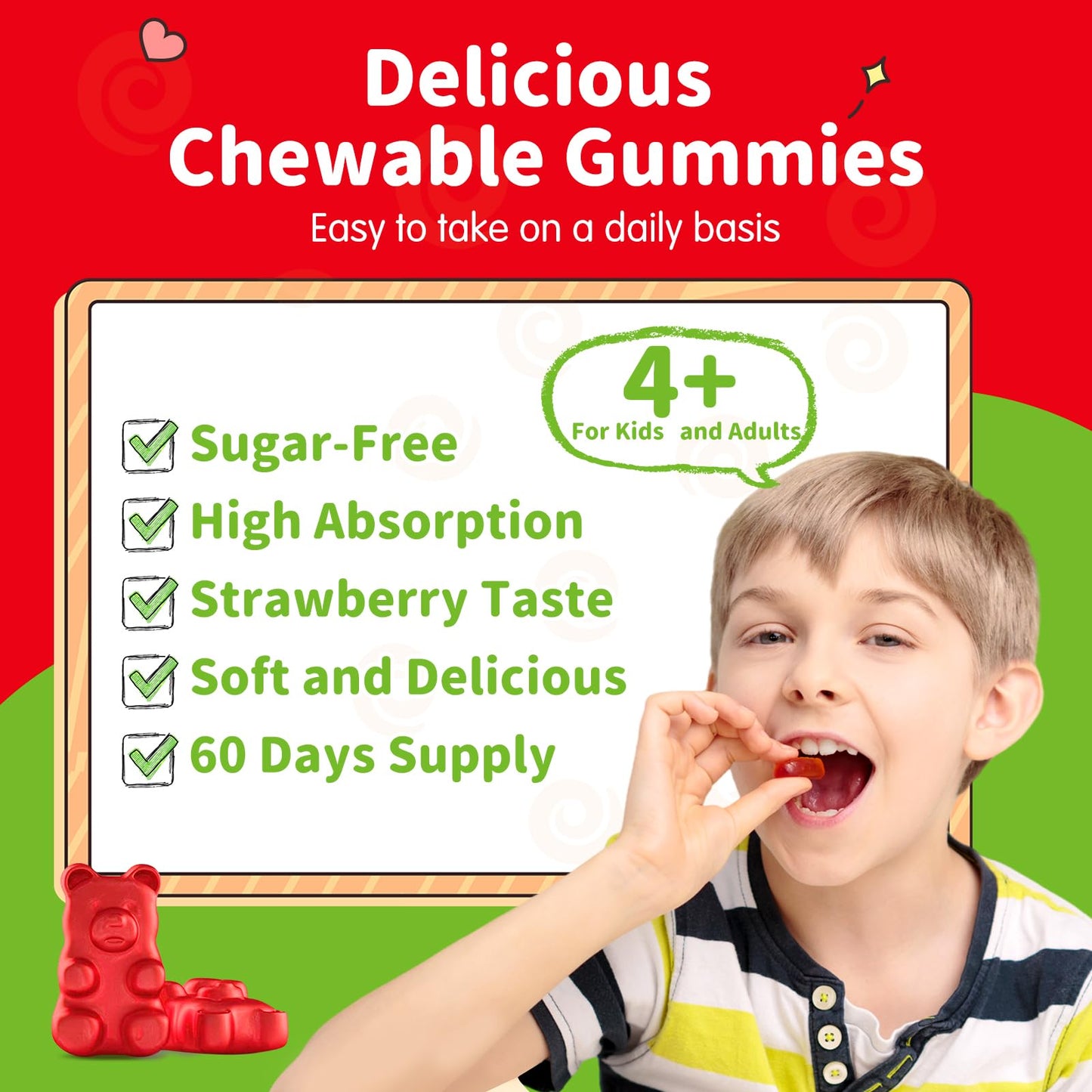 ReviNutra Magnesium Glycinate Gummies for Kids with L-Theanine, Vitamin B6 & D3, Sugar Free Strawberry, 60 Count