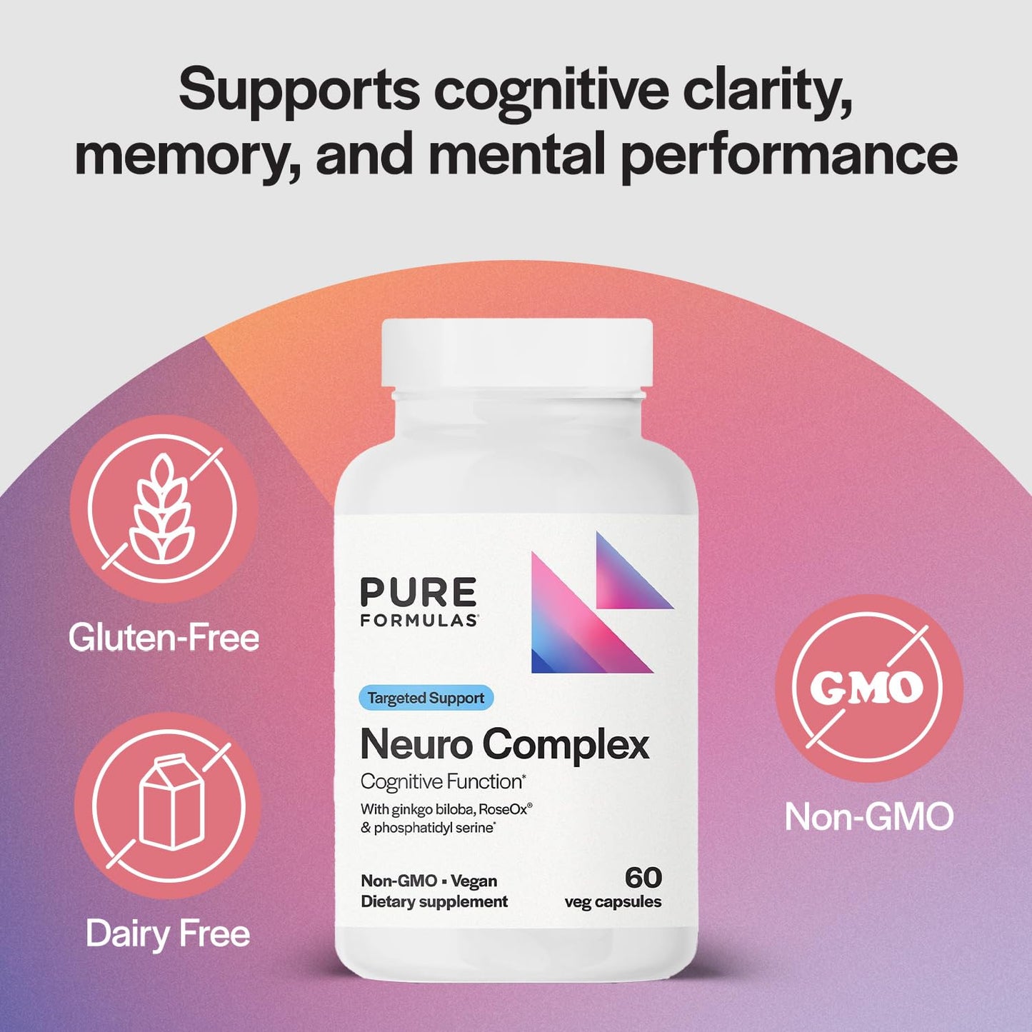 PureFormulas Neuro Complex for Brain Health, Cognitive Support & Memory Enhancement with Ginkgo Biloba, Phosphatidyl Serine, 60 Capsules