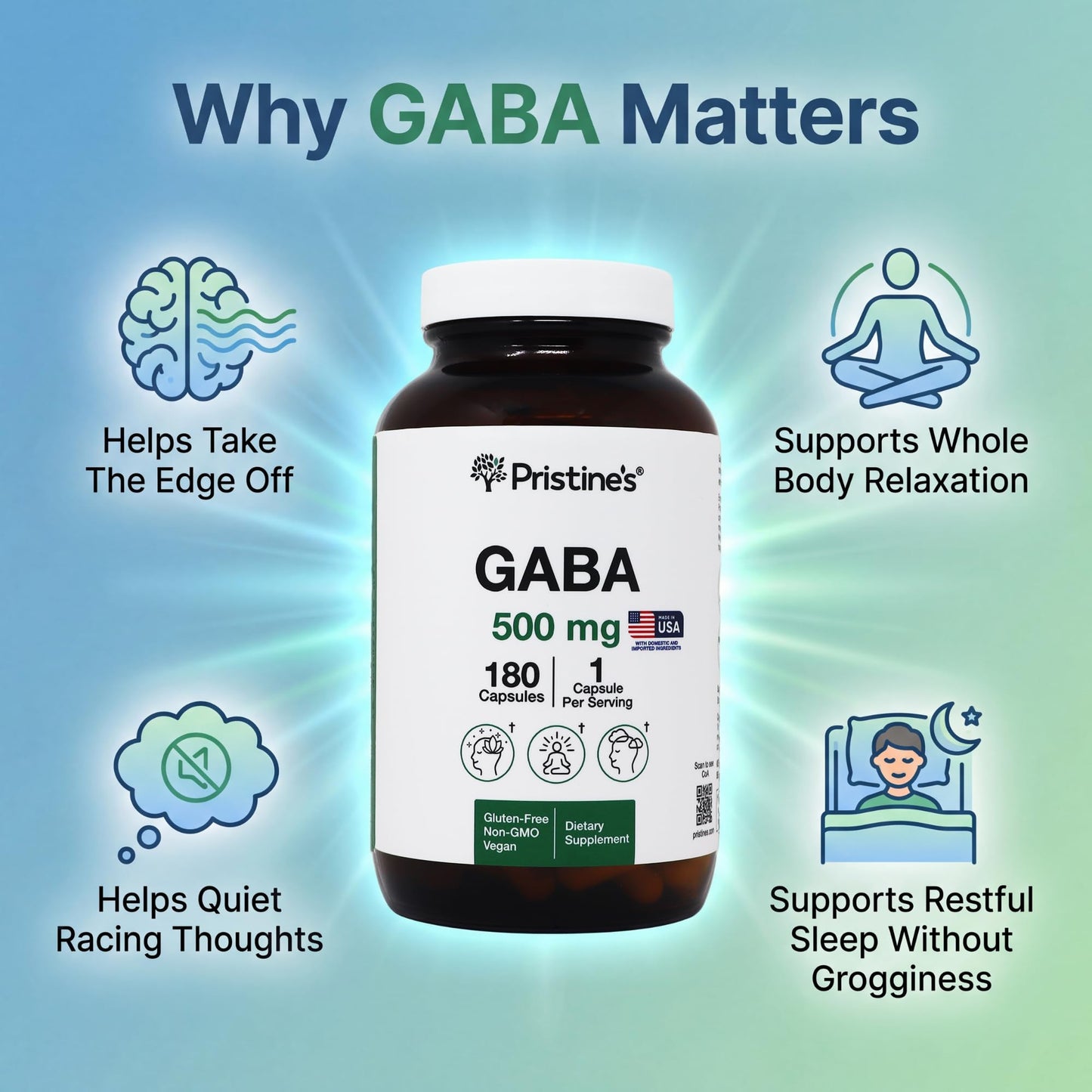 PRISTINE'S GABA 500mg Sleep Quality Support Supplement, 180 Capsules