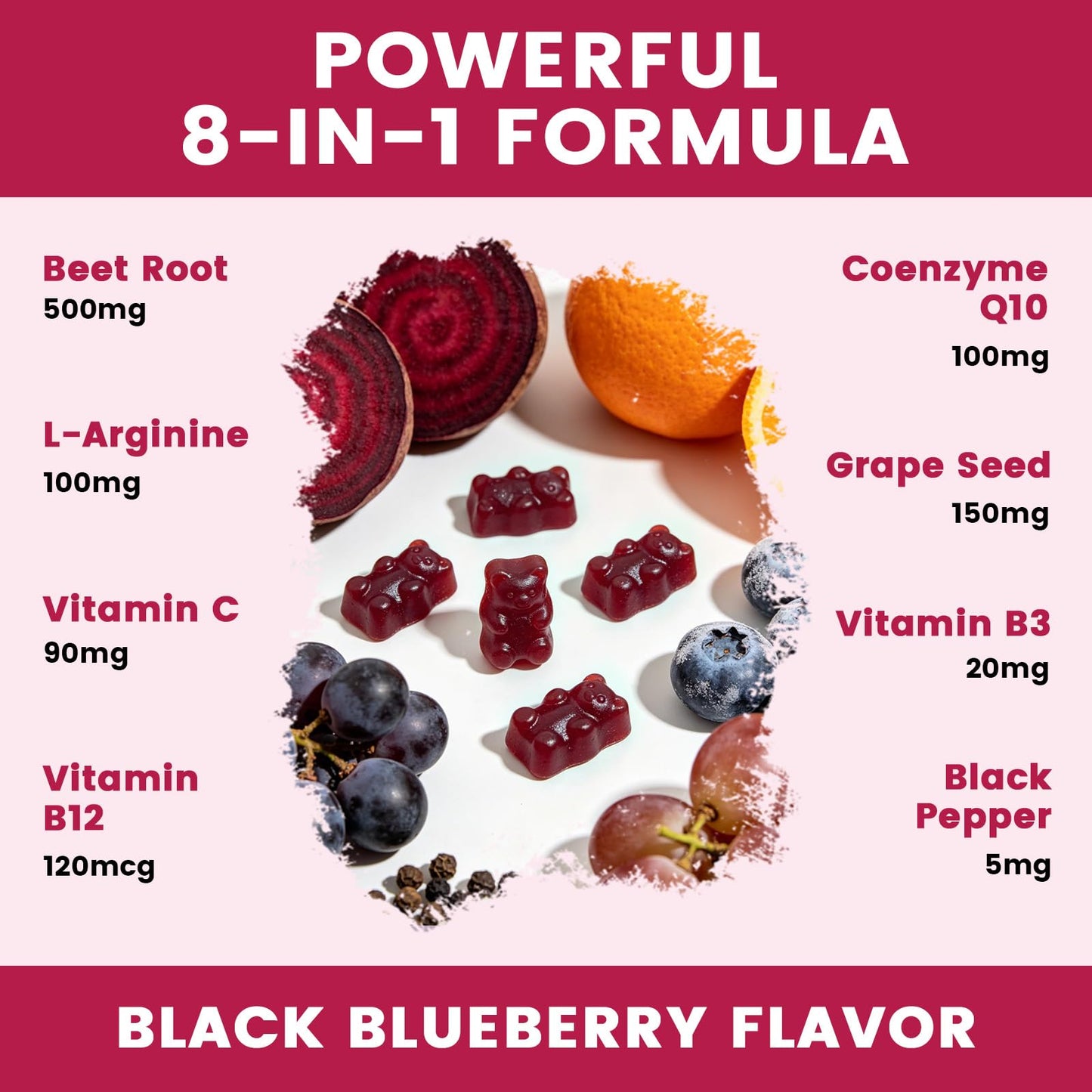 GORNVB Beet Root Gummies with CoQ10, L-Arginine & Grape Seed Extract, Nitric Oxide Booster, Vegan, Gluten Free, 60 Gummies