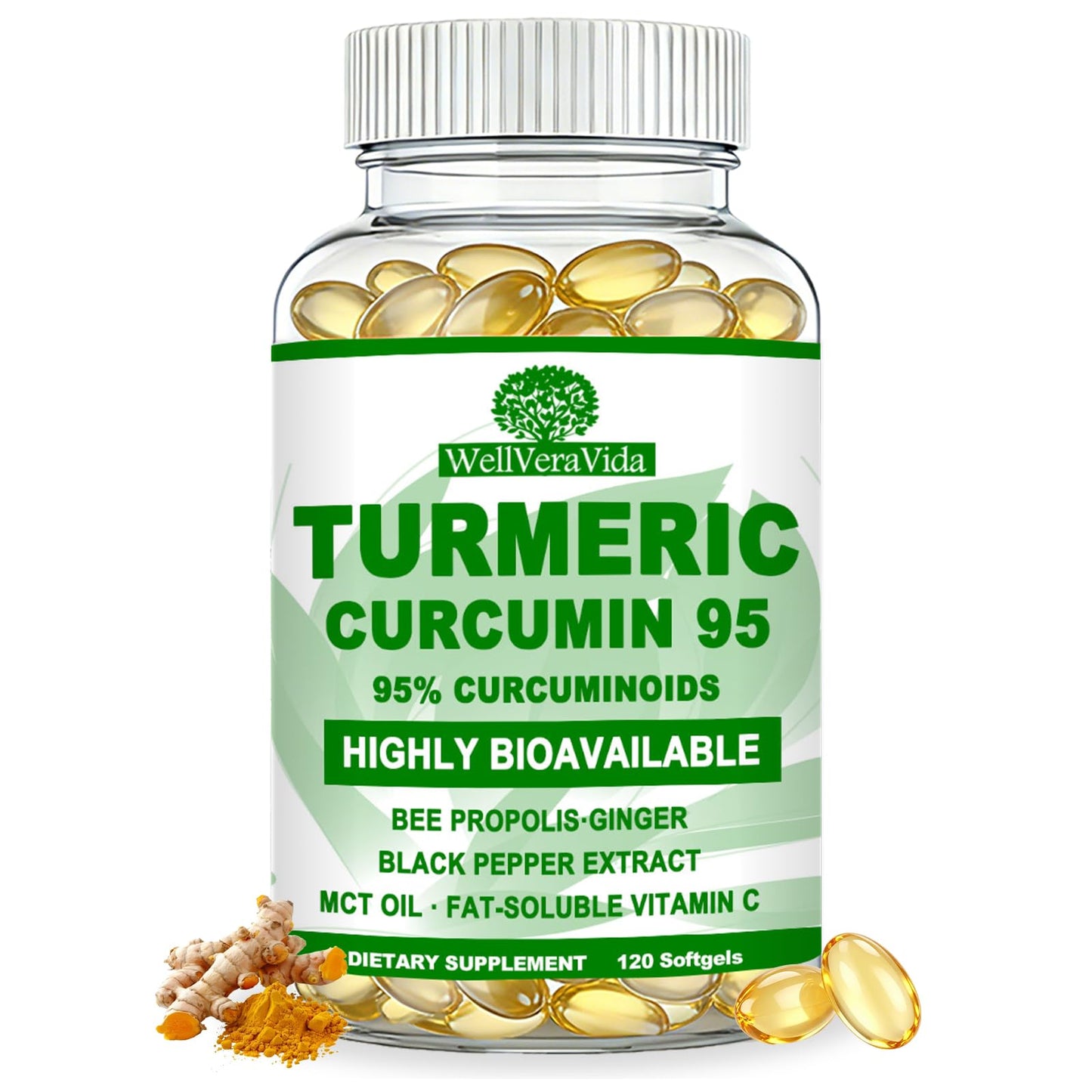 WellVeraVida Turmeric Curcumin Softgels - 95% Curcuminoids with Black Pepper & Ginger, 120 Count