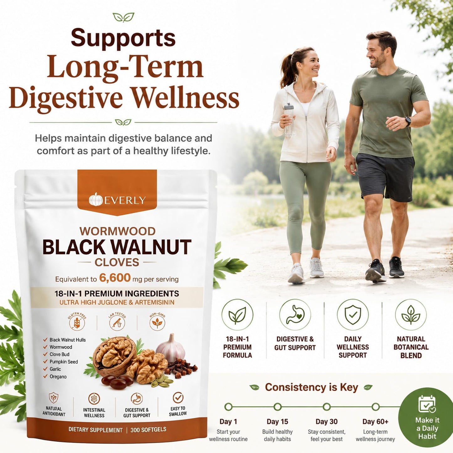 Everly Wormwood Black Walnut Cloves 18-in-1 Premium Ingredients Digestive Health & Gut Wellness Capsule, 300 Count