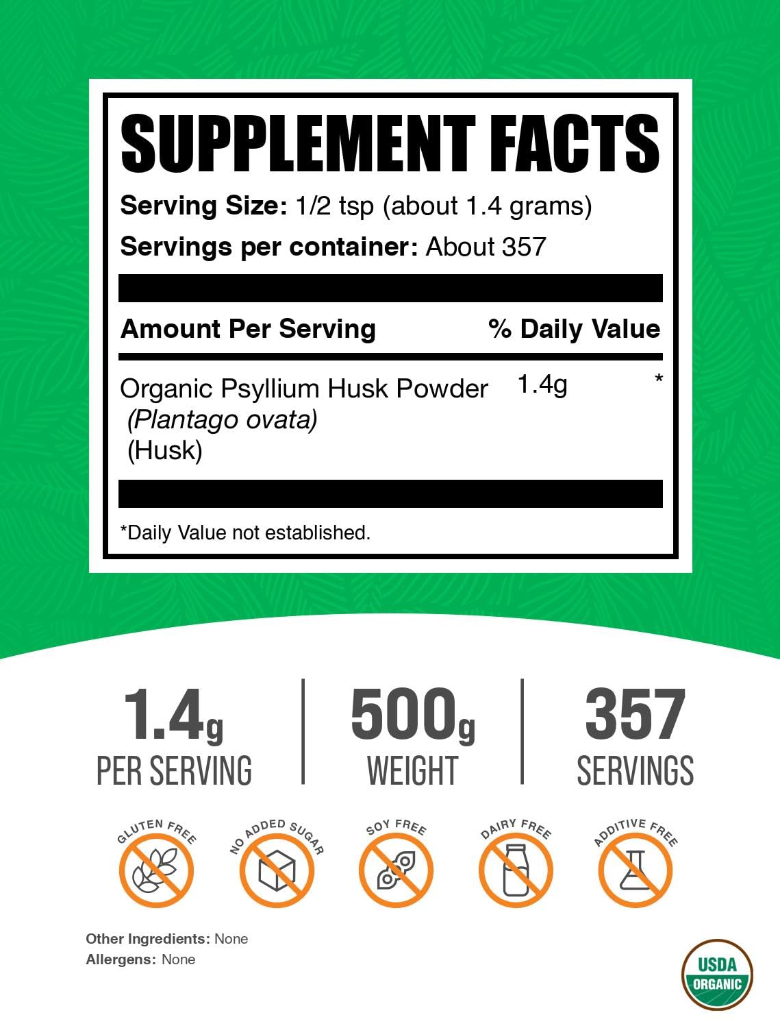 BulkSupplements Organic Psyllium Husk Powder, 17.6 oz