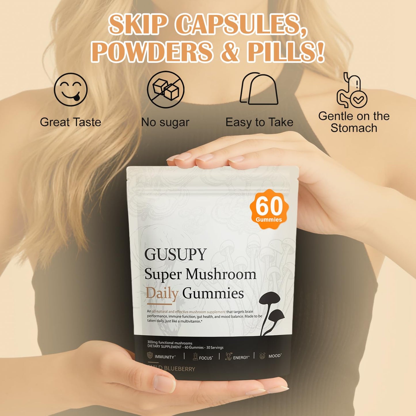 GUSUPY Lions Mane Mushroom Supplement Gummies, 60 Gummies