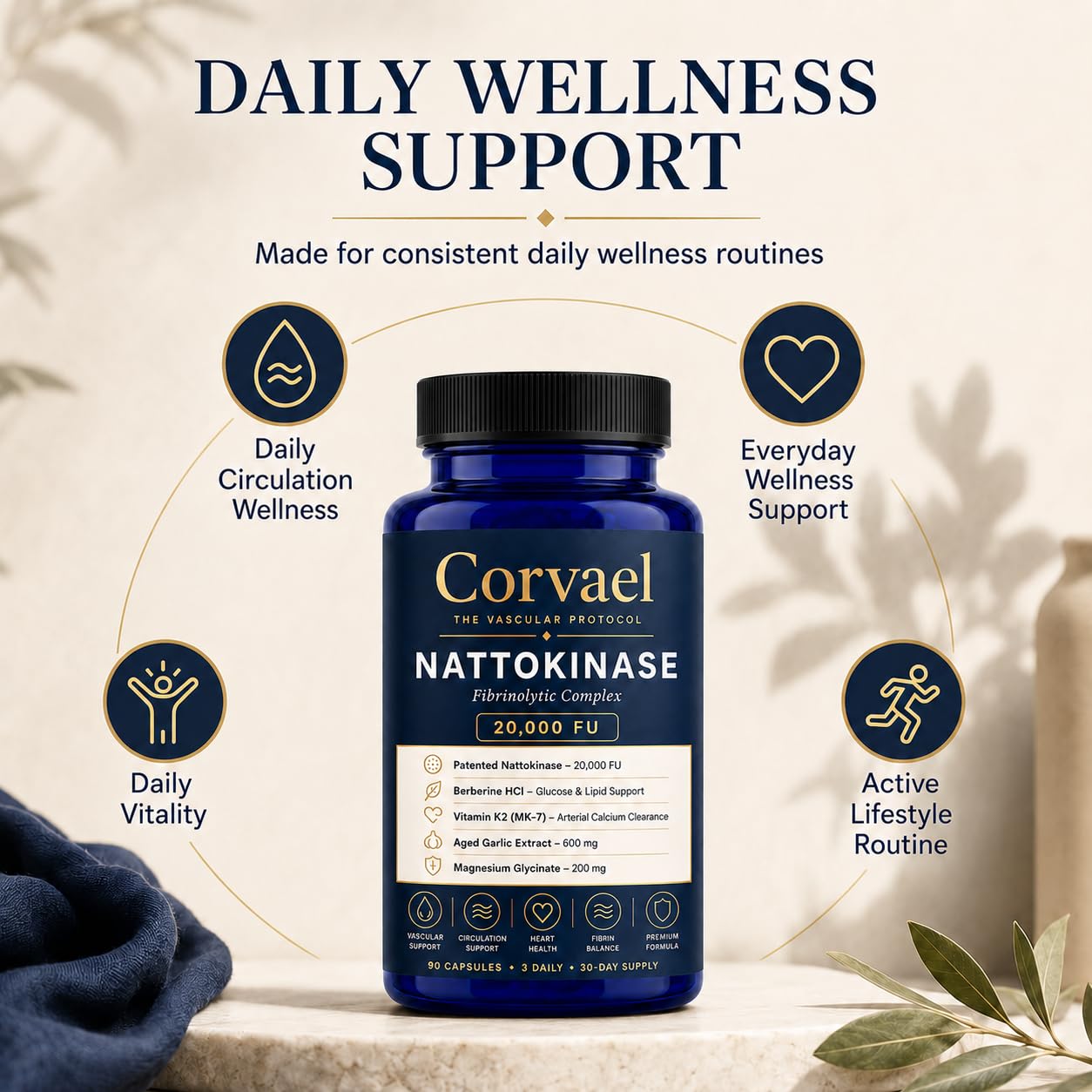 Corvael Nattokinase Supplement 20,000 FU with Vitamin K2 MK-7, Berberine, Aged Garlic Extract and Magnesium Glycinate, Daily Circulation Support, 90 Capsules