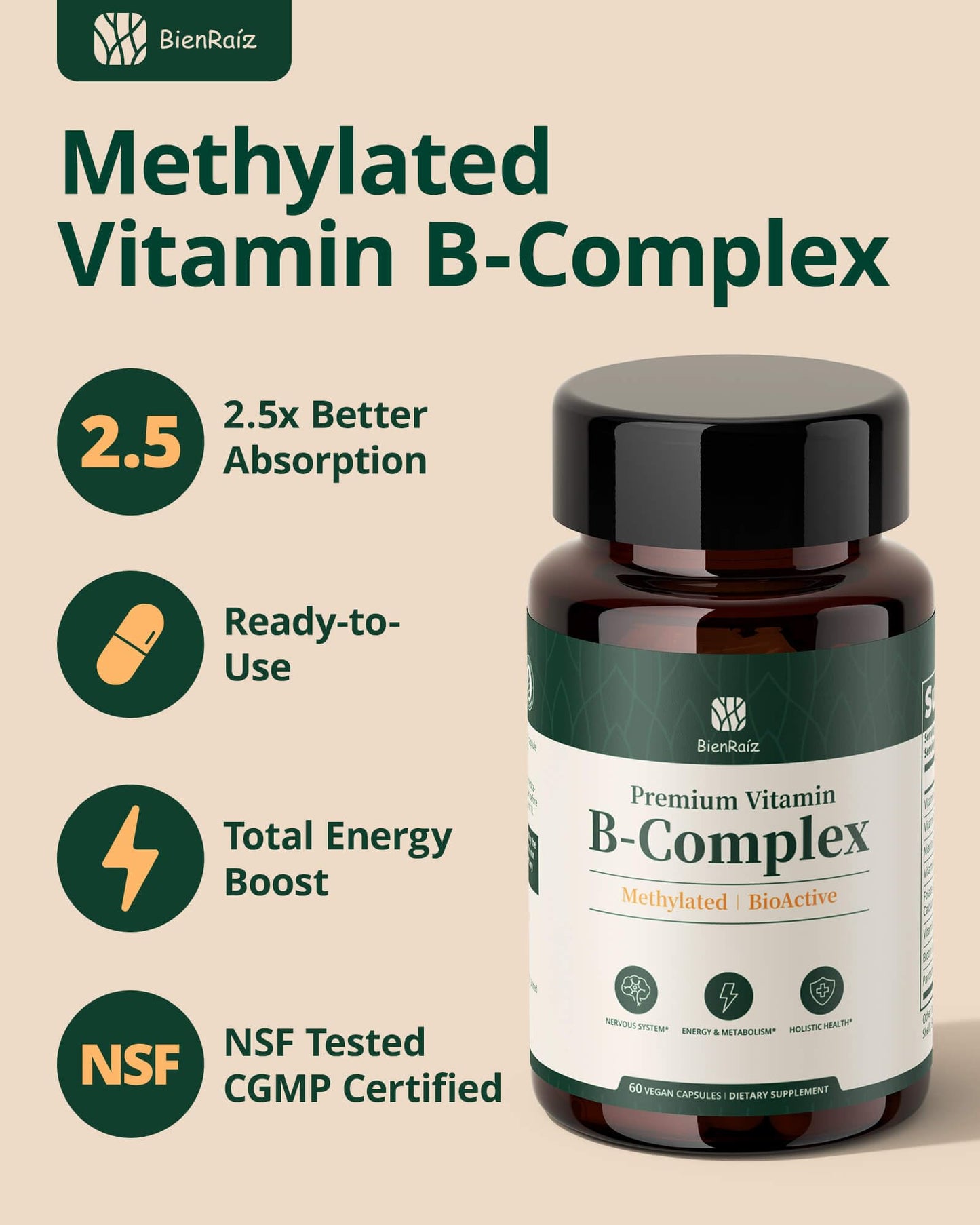 BienRaíz Methylated Vitamin B Complex Capsules, 60 Capsules