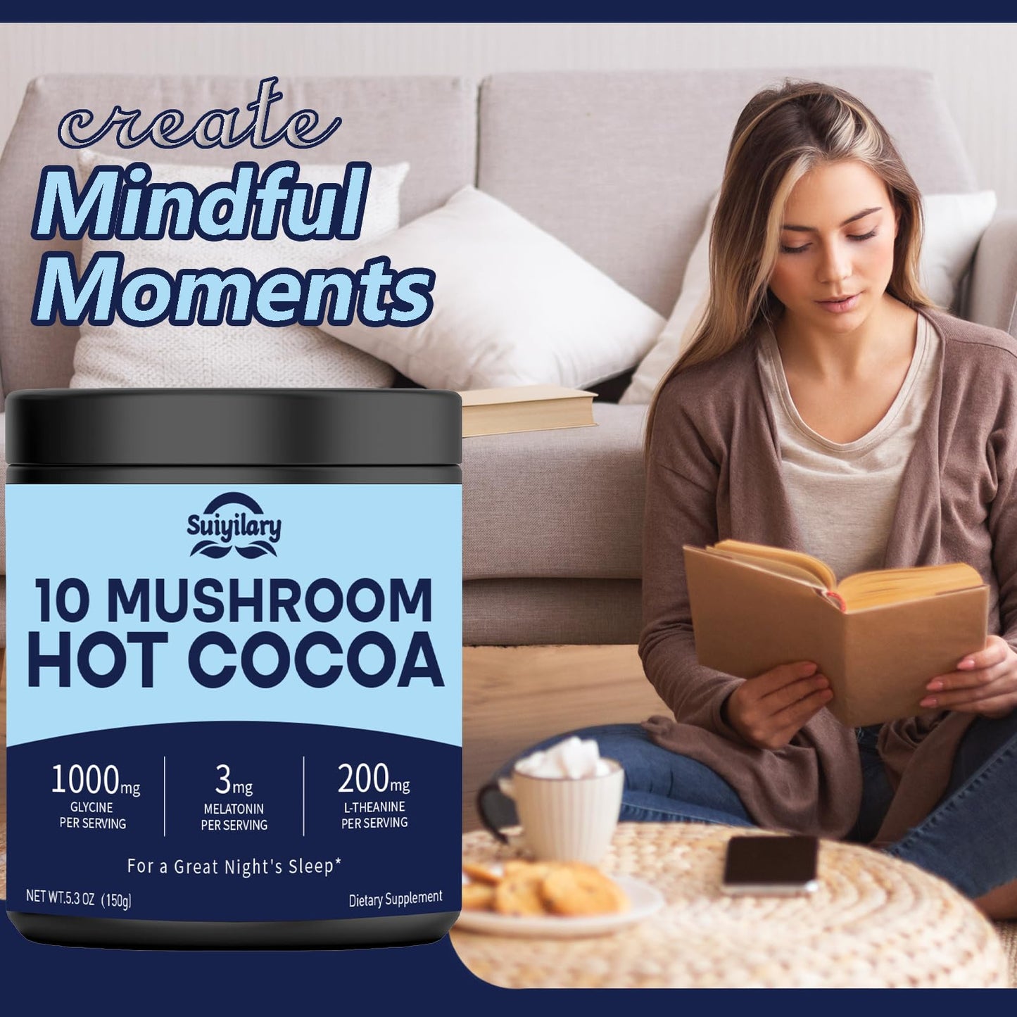 Suiyilary 10 Mushroom Hot Cocoa Powder With Melatonin, 5.3 Ounce, 15 Servings
