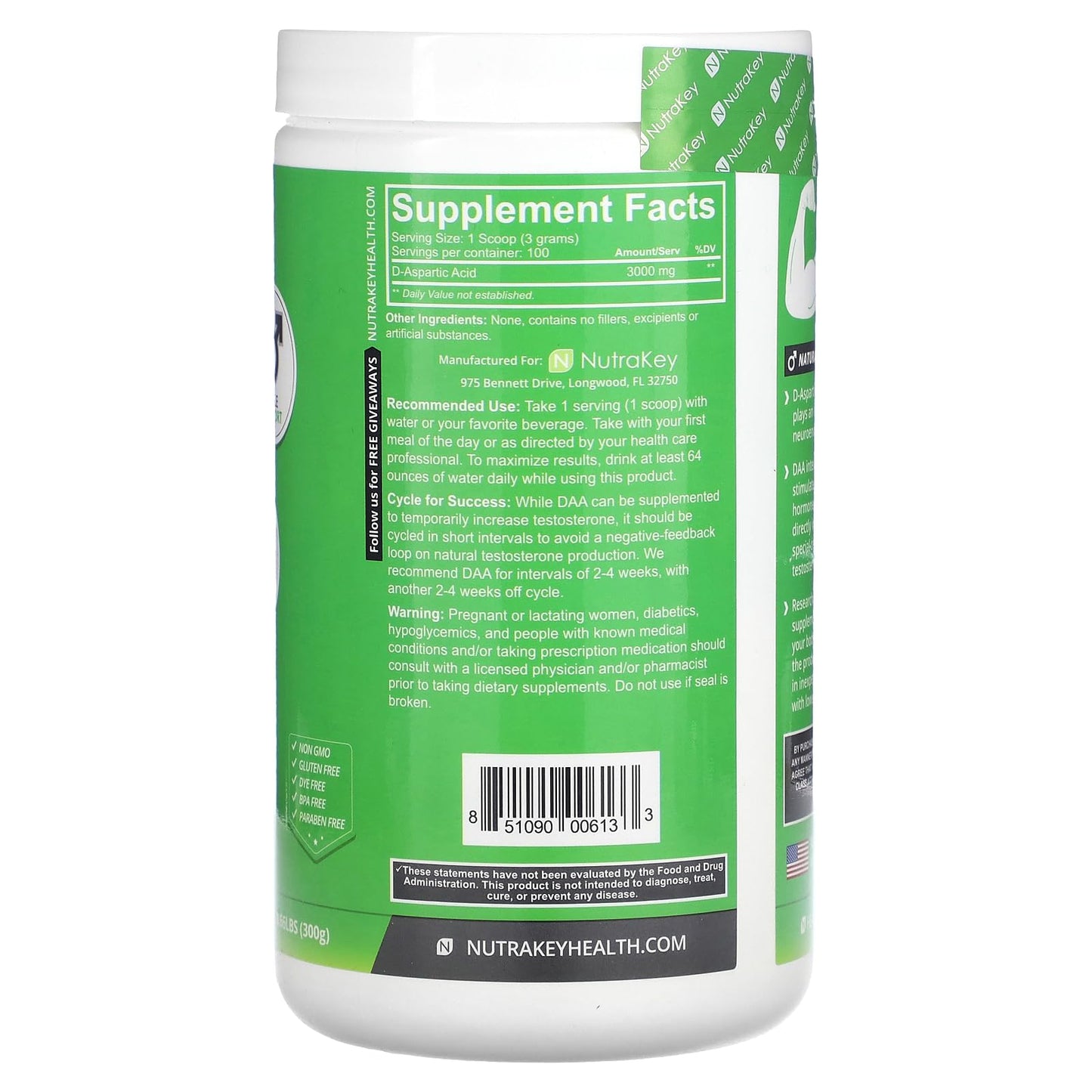 NutraKey D-Aspartic Acid Powder, 300 Grams