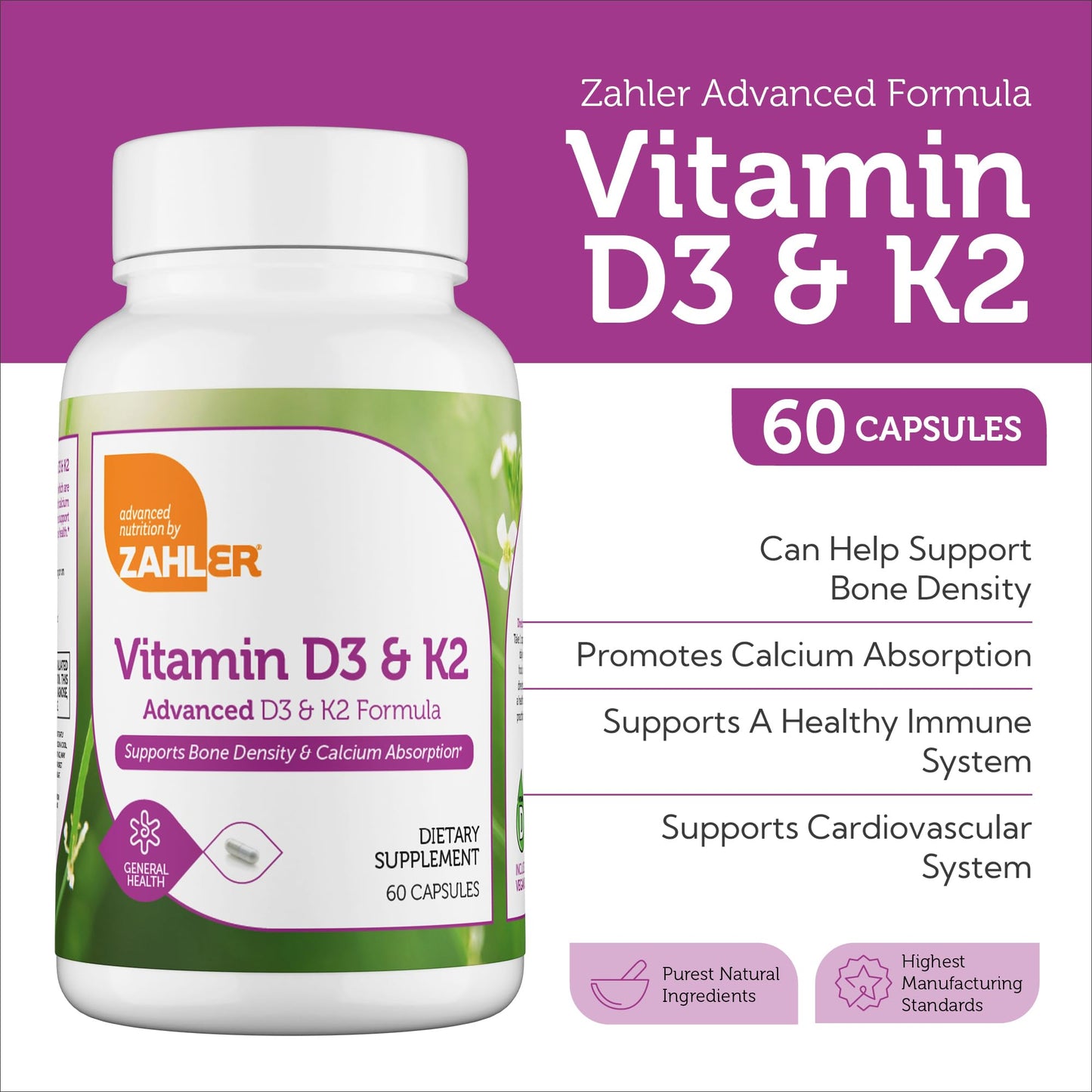 Zahler Vitamin D3 & K2 Advanced D3 & K2 Formula Supports Bone Density & Calcium Absorption, 60 Capsules