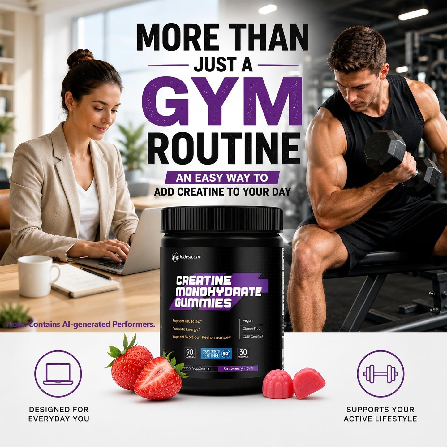 IRIDESICENT Creatine Gummies 5000mg – NSF Certified Creatine Monohydrate, Sugar Free, Vegan Chewables, 90 Count