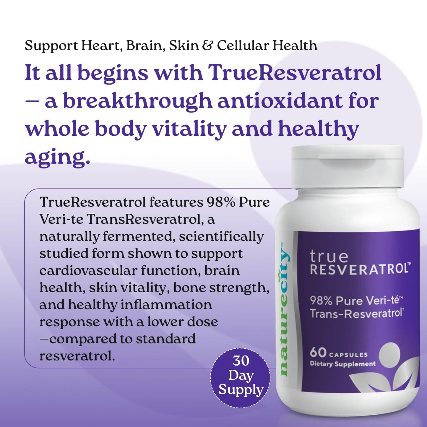 NatureCity TrueResveratrol Resveratrol Supplement & Anti-Aging Support 60 Capsules