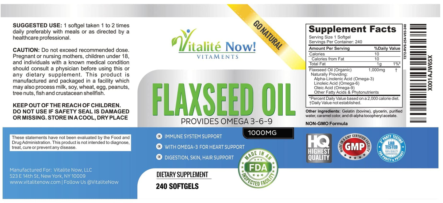 Vitalité Now! Organic Flaxseed Oil Softgels Cold Pressed 1000mg, 240 Softgels