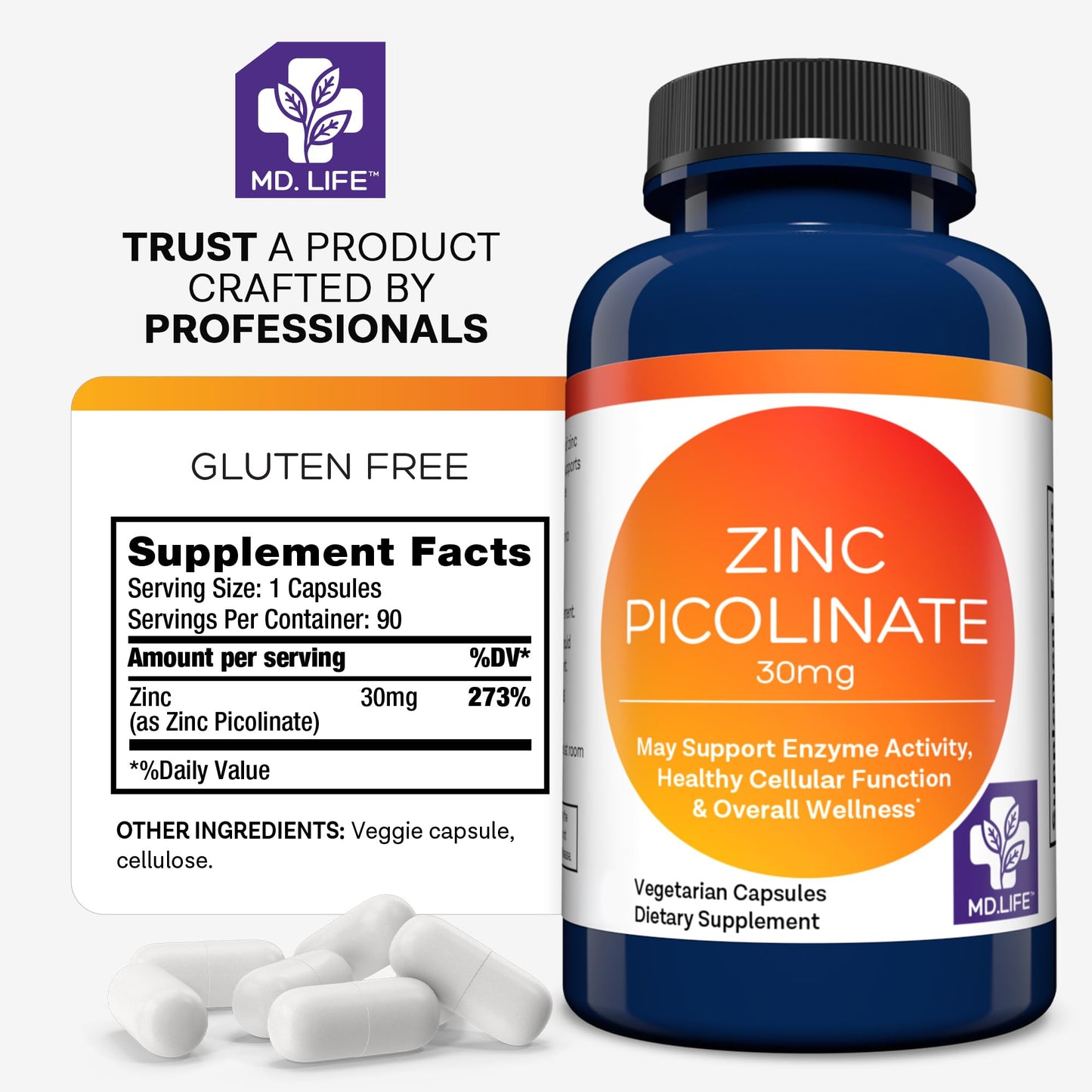 MD.LIFE Zinc Picolinate 30mg Capsules, 90 Capsules