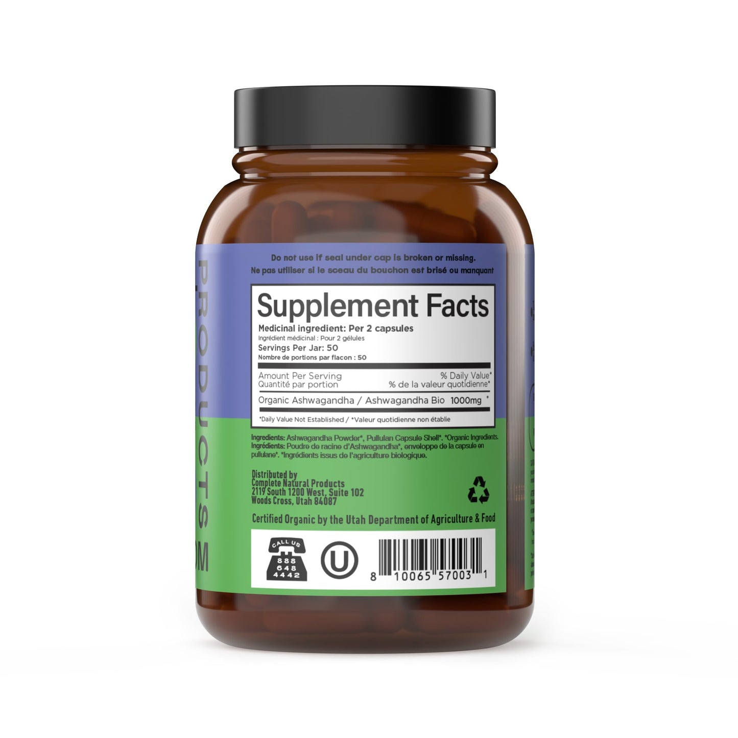 Complete Natural Products Organic Ashwagandha Capsules 500mg, 100 Capsules