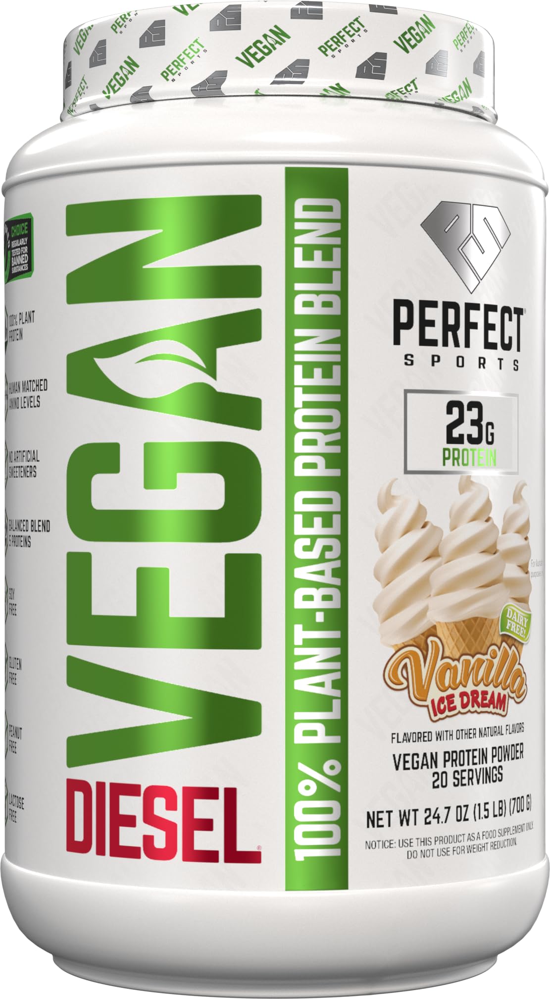 PERFECT SPORTS Vegan Diesel 100% Plant Based Protein Powder, 24 Servings, 1.5 Pounds
