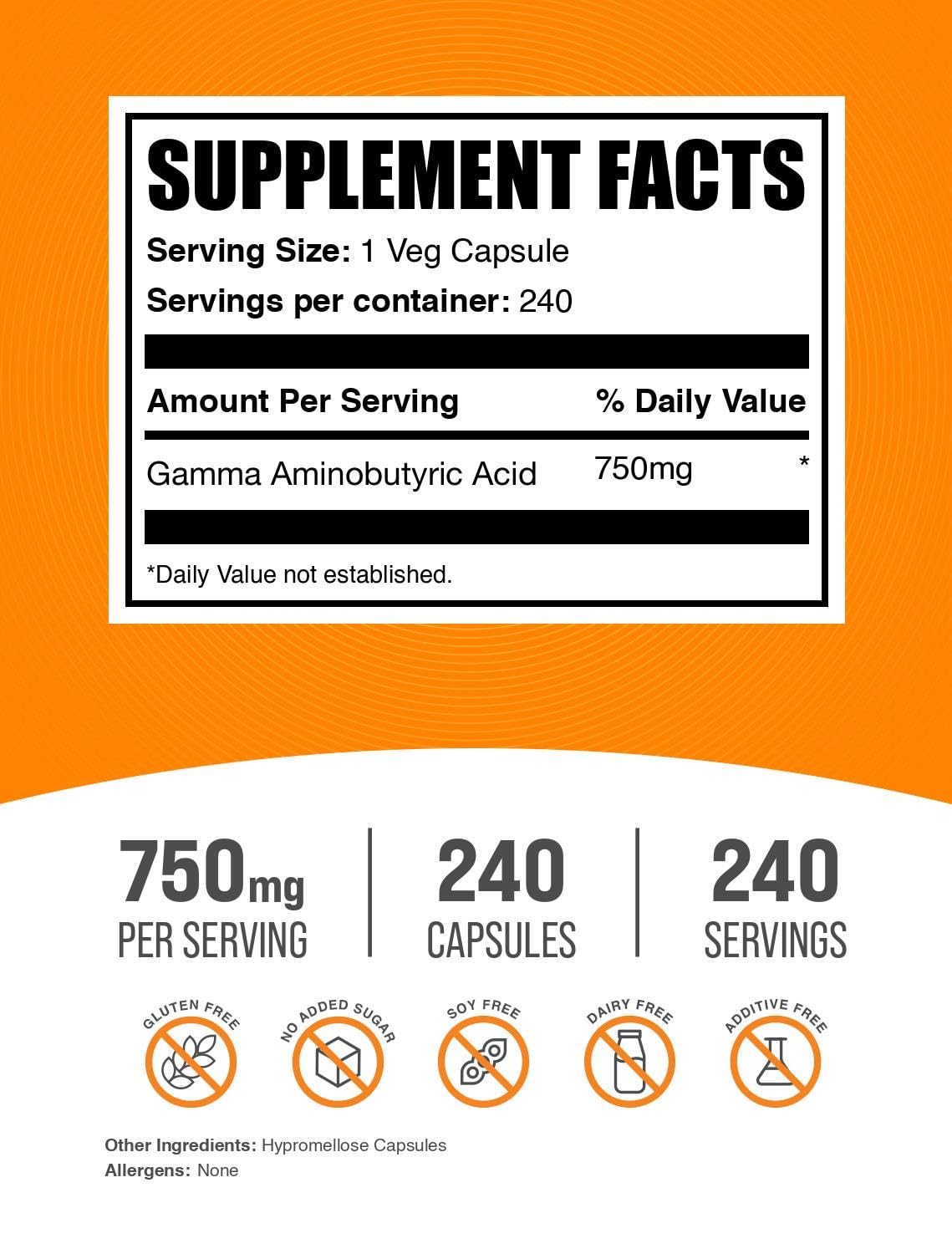 BulkSupplements Gamma Aminobutyric Acid 750mg Capsules, 240 Count