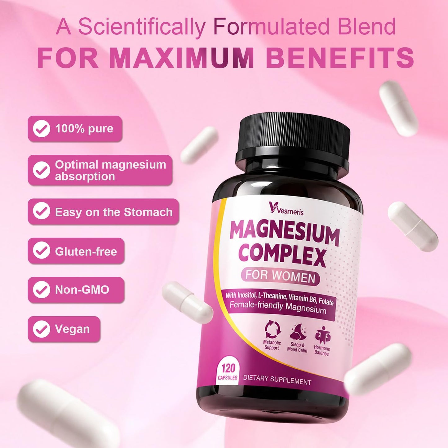 Vesmeris Magnesium Complex for Women, 10 in 1 Magnesium Blend with Magnesium Glycinate, Vitamin B6, Myo-Inositol, L-Theanine, Folate – Relax, Muscle Support, Calm Mood & Hormone Balance, Vegan, 120 Capsules