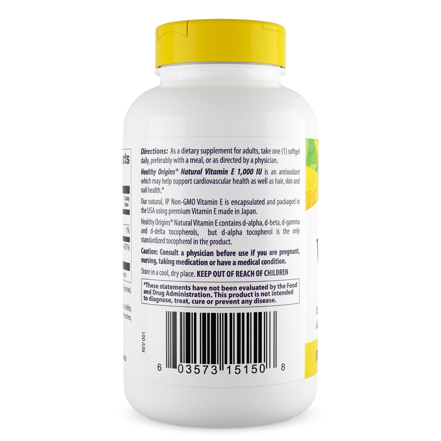 Healthy Origins Vitamin E 1,000 IU, Natural Mixed Tocopherols Capsules, 120 Count