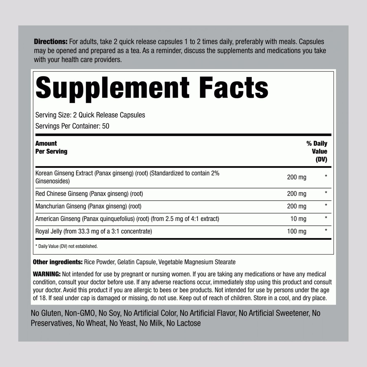 Piping Rock Ginseng Supplement Capsule 100 Count