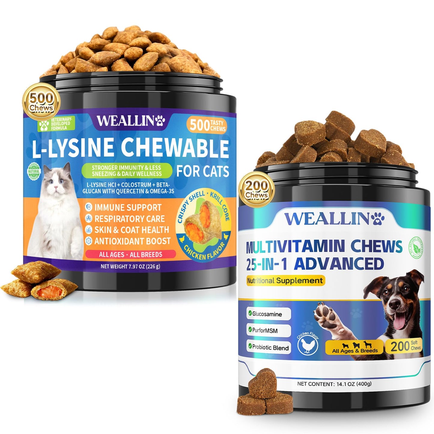 WEALLIN Cat & Dog Wellness Bundle L-Lysine Chews for Cats, 500 Ct; 25-in-1 Dog Multivitamin Chews, 200 Ct