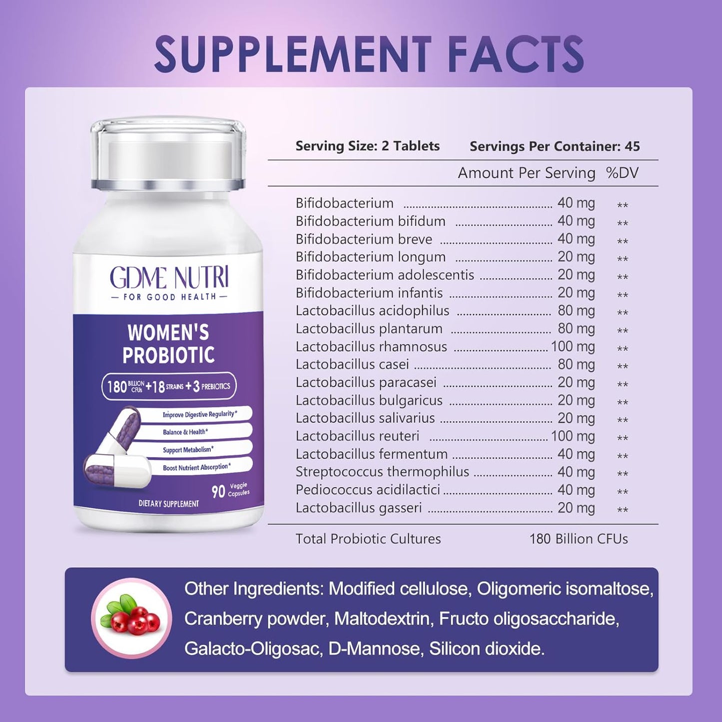 GDMENUTRI Probiotics 180 Billion CFU 18 Strains with Organic Prebiotic Cranberry Probiotic Supplement for Digestion and Immunity, Women's Health Capsules 90 Count