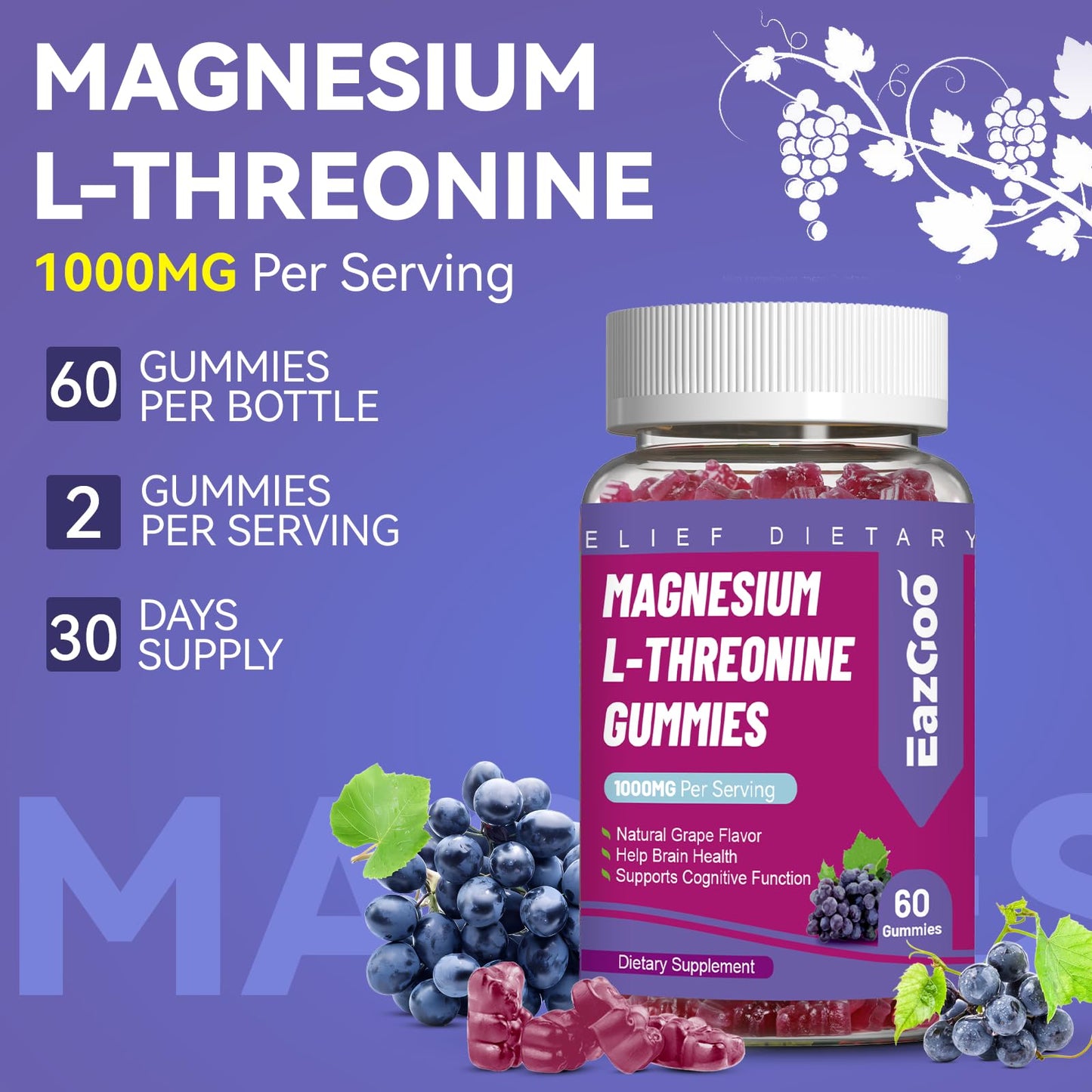 EAZGOO Magnesium Threonine Gummies 1000mg, 60 Count