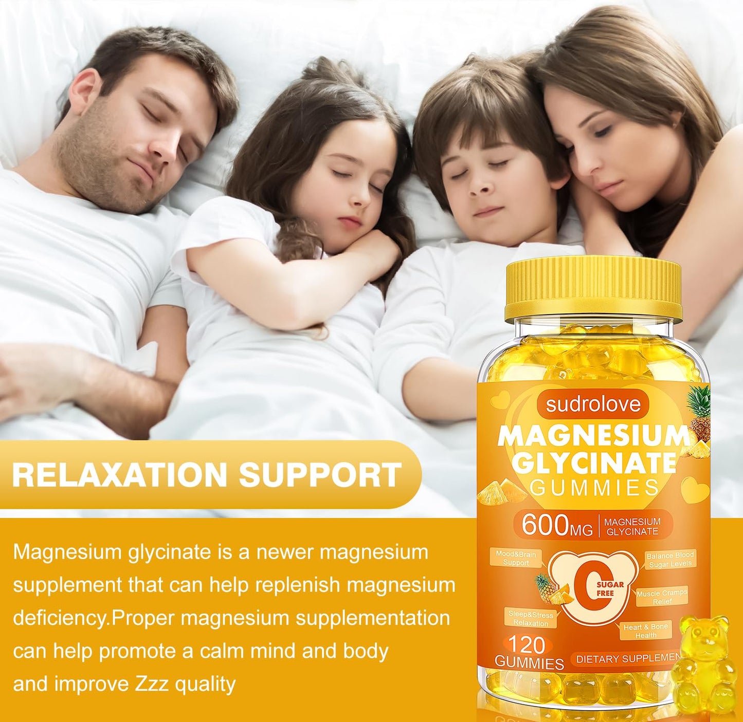 sudrolove Magnesium Glycinate Gummies 600mg per Serving, 120 Count