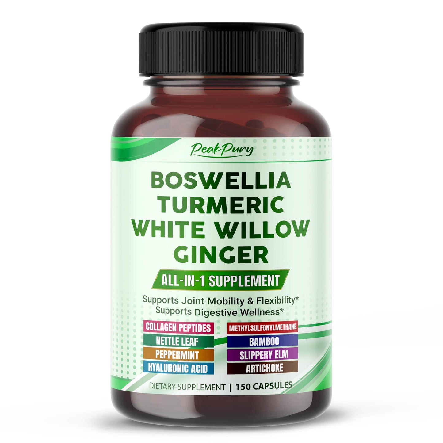 PEAKPURY All-in-1 Boswellia, Turmeric, White Willow & Ginger Supplement 150 Capsules