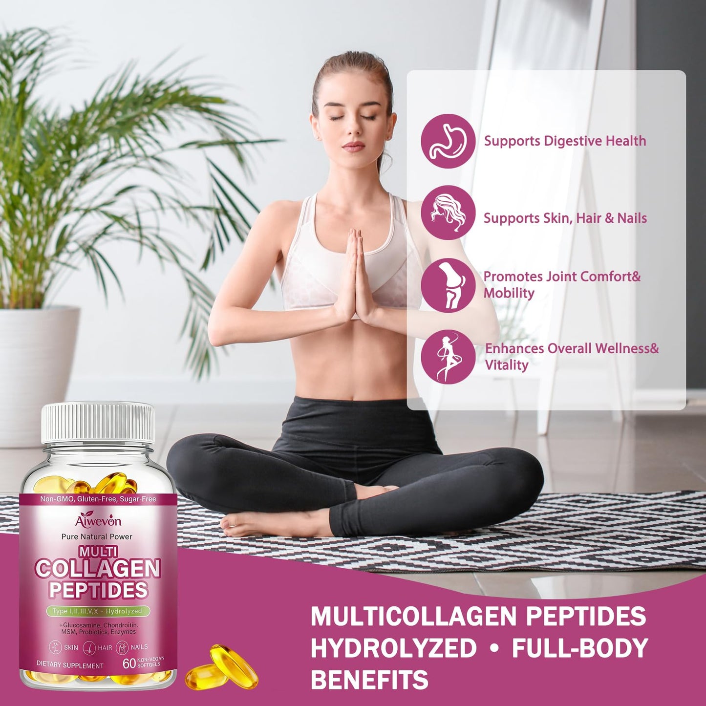 Aiwevon Multi Collagen Peptides 9500mg, 60 Capsules