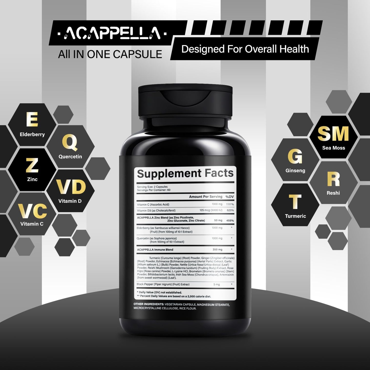 ACAPPELLA Vitamin D & Vitamin C 1000mg Zinc Supplements Capsules 120 Count