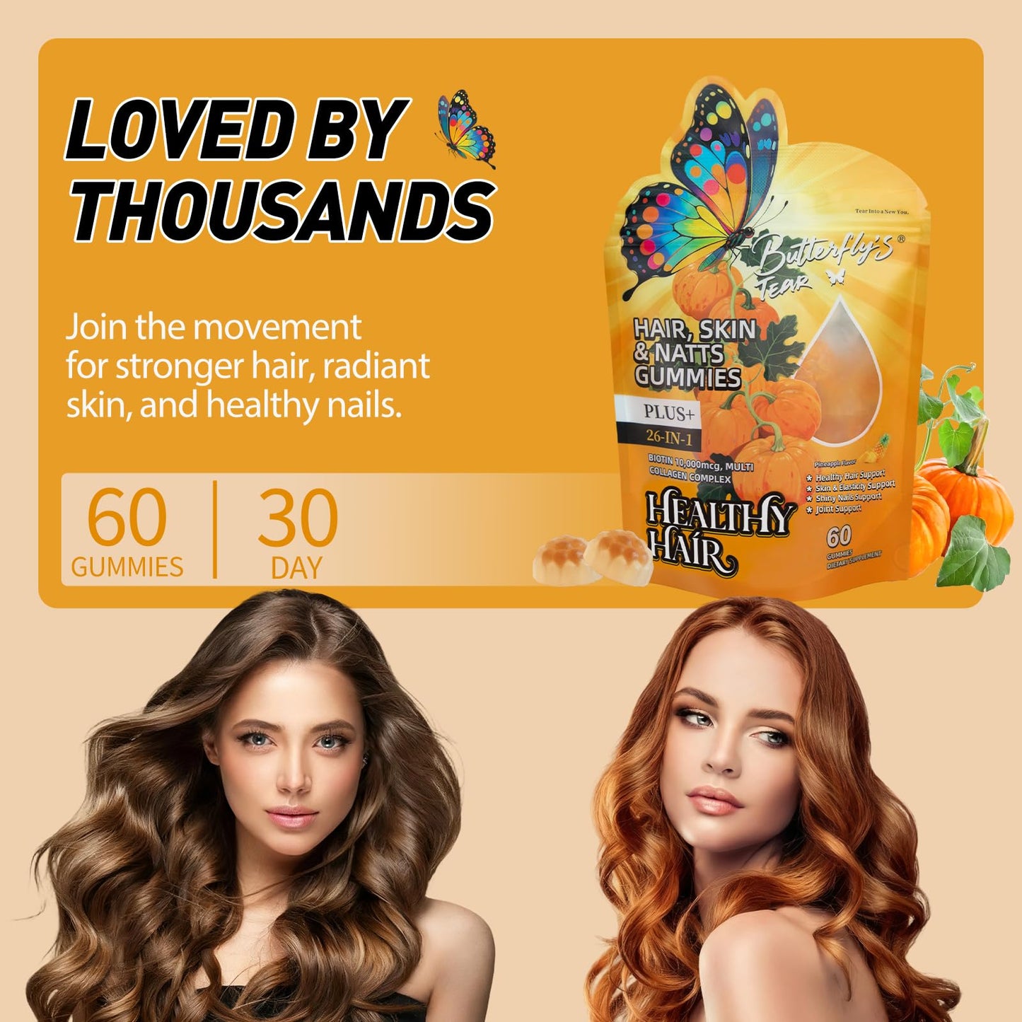 BUTTERFLY'S TEAR Hair Skin & Nails Gummies with Biotin 10000 mcg Collagen Complex, Supports Healthy Hair and Hair Growth, Healthy Skin, Stronger Nails 120 Count