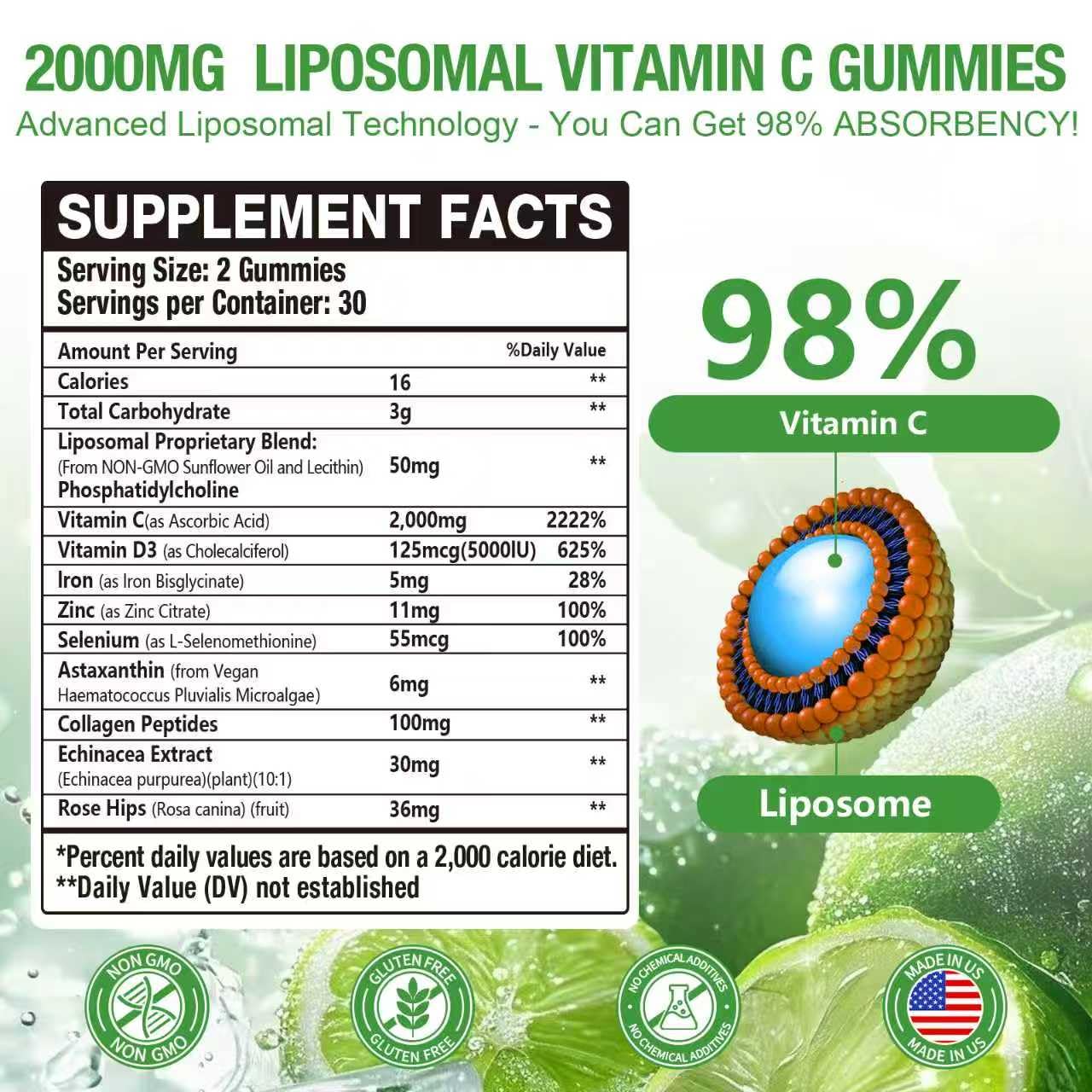 Vemluta Liposomal Vitamin C 2000mg Gummies Complex Rose Hips with D3 5000IU, Elderberry Echinacea, Iron & Zinc, Lemon Flavor, 60 Count