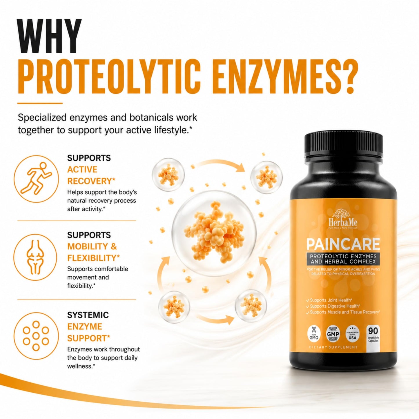 HerbaMe Proteolytic Enzymes with Serrapeptase, Bromelain & Herbal Blend for Mobility & Active Recovery Support, Systemic Enzyme Formula for Joint Flexibility & Active Wellness, 90 Capsules