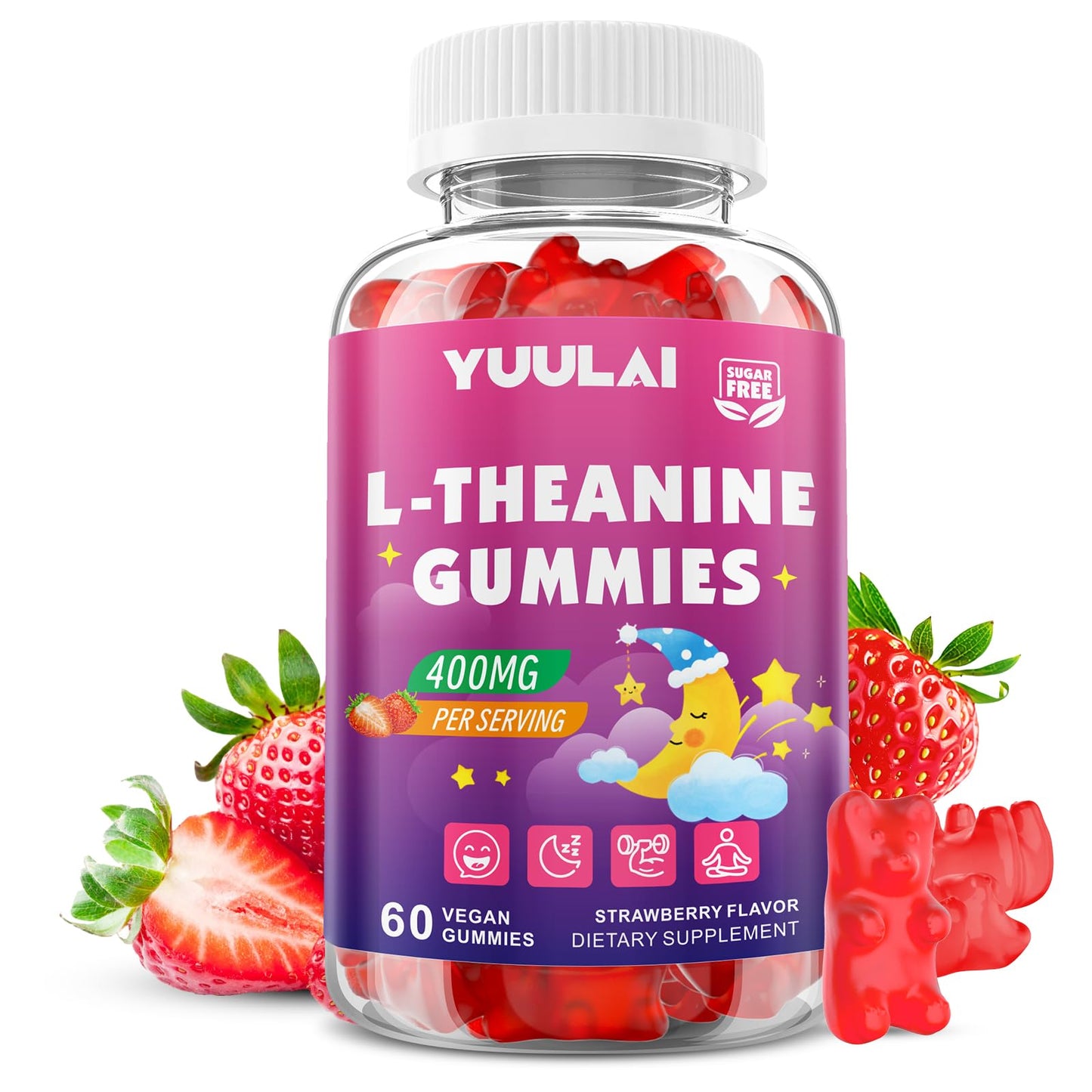 YUULAI L-Theanine Gummies 400mg, Sugar-Free L-Theanine with Ashwagandha, GABA, 5HTP for Relax, Zzz & Focus Support, Vegan, Strawberry Flavor, 60 Gummies