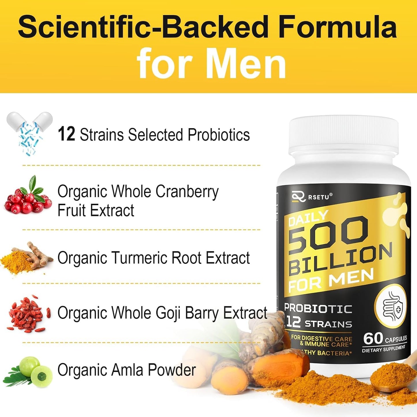 RSETU Probiotics for Men, 500 Billion CFUs & 12 Strains, Mens Probiotic Capsule, 120 Capsules