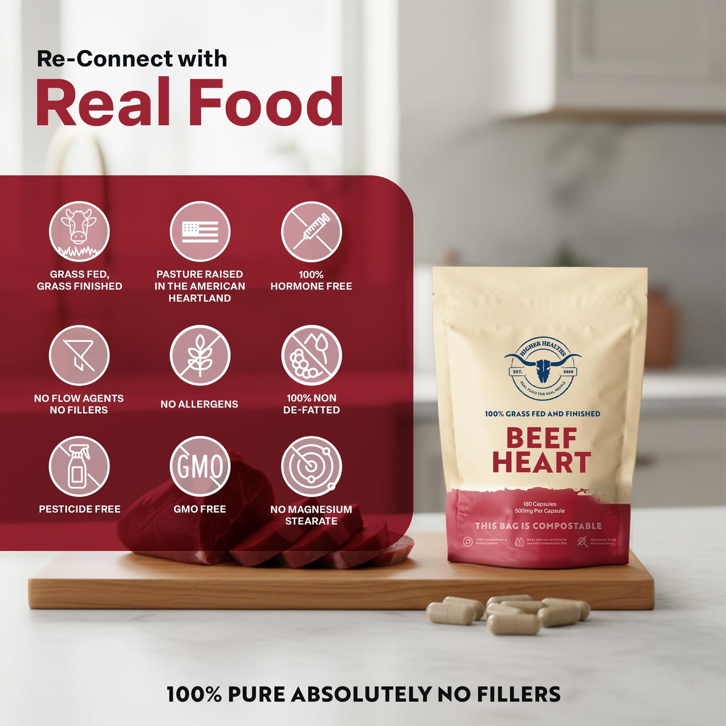Higher Healths 100% Beef Heart Supplement Capsules 180