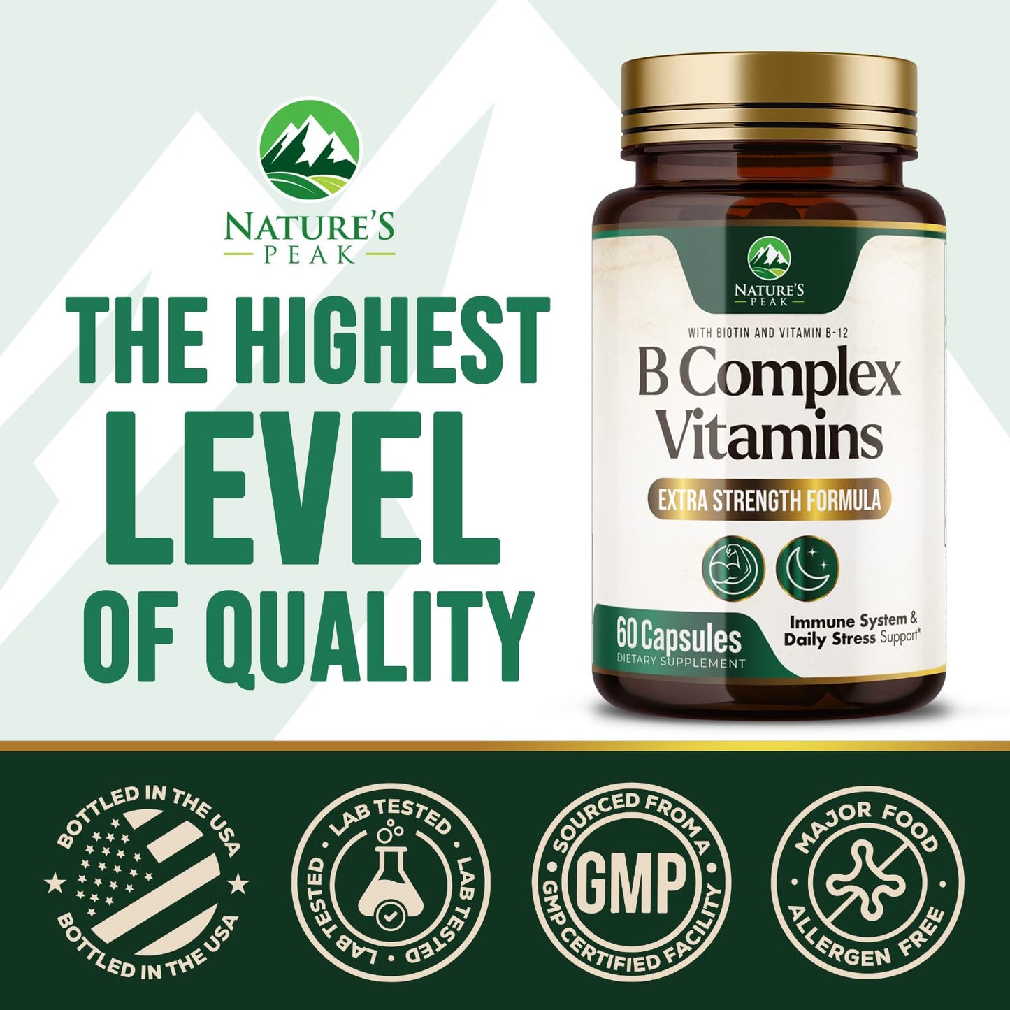 Nature's Peak B Complex Vitamin Supplement with Vitamin C & Folic Acid Capsules, 60 Count
