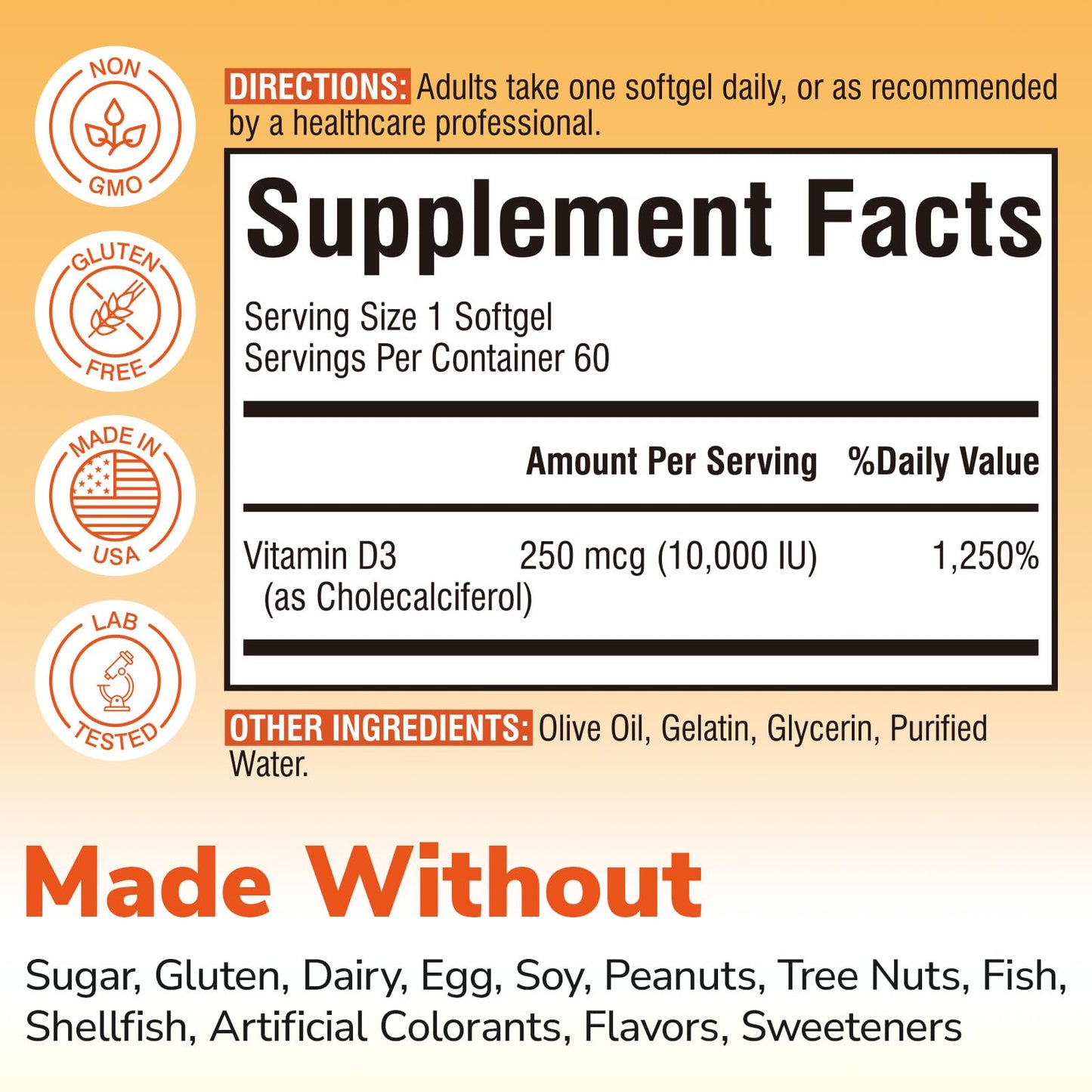 Vitalibre Vitamin D3 Maximum Strength Softgels 10,000 IU (250 mcg), 60 Count