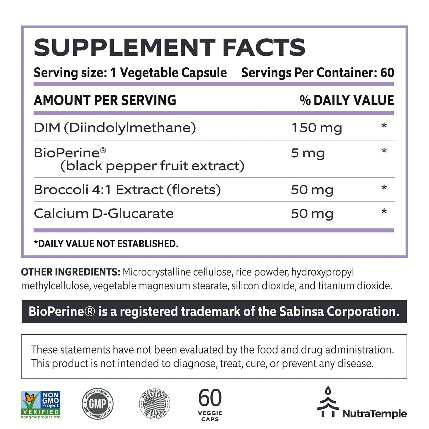 NUTRATEMPLE Diindolylmethane (DIM) Supplement Capsules, 60 Count