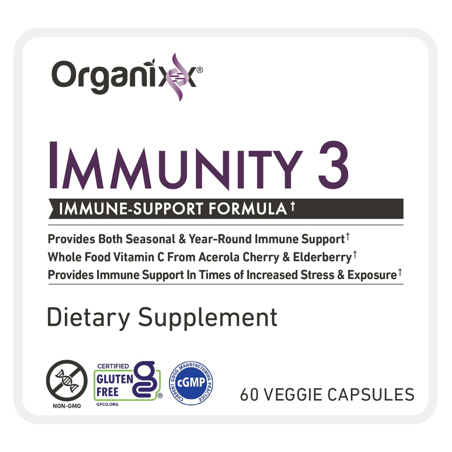 Organixx Immunity 3 Immune Support Supplement – Vitamin C, Zinc, Elderberry – 60 Capsules